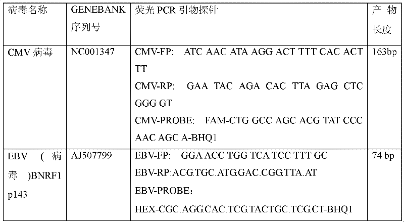 Treble real-time fluorescence quantitative polymerase chain reaction (PCR) method for simultaneously detecting epstein-barr virus (EBV), polyma virus (BKV) and cytomegalovirus (CMV) of people and kit