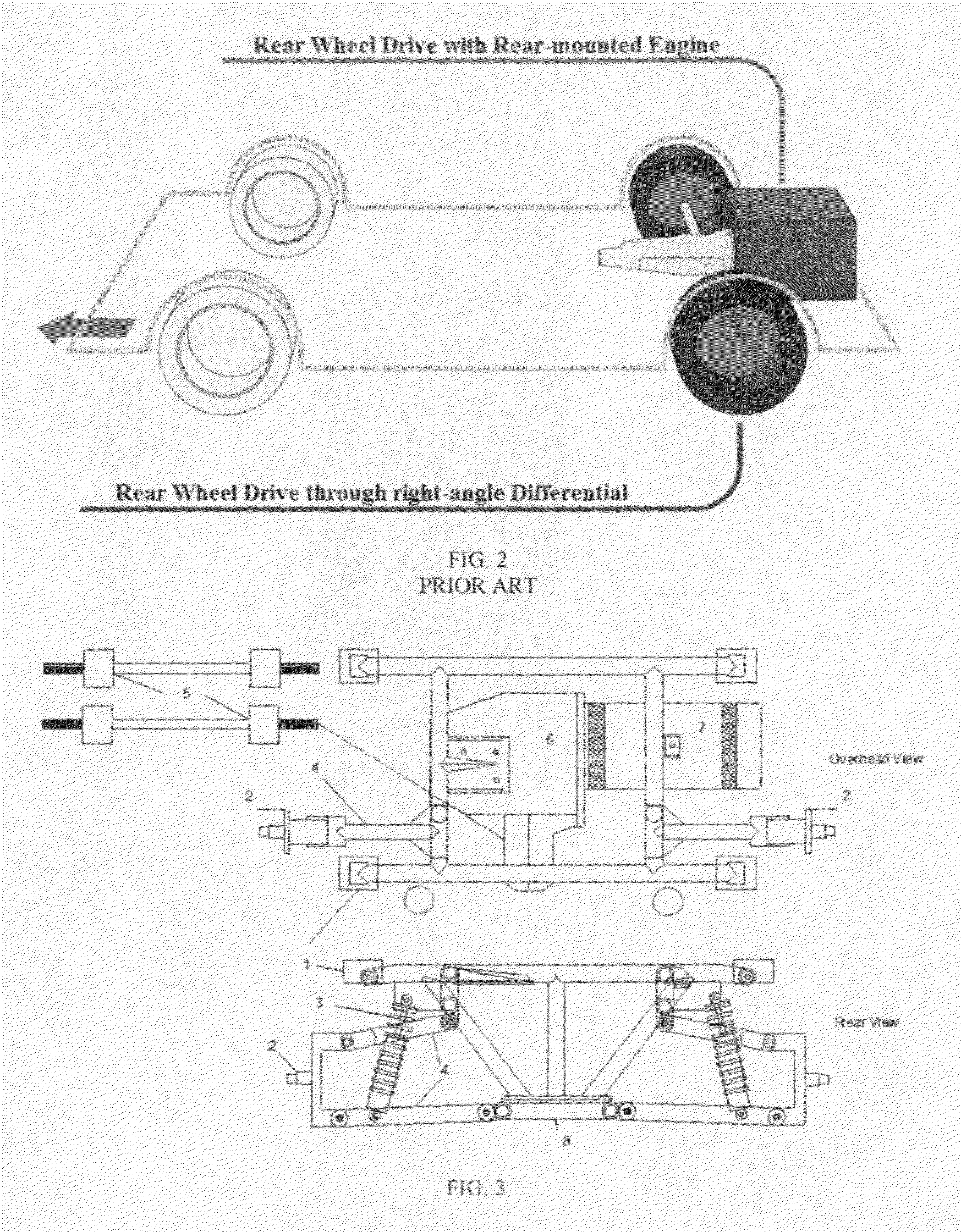 Power-economizing, integral electric vehicle drive mechanism with independent rear suspension for an electric vehicle with a multi-speed transmission capable of multiplying the torque of the electric motor at low speeds