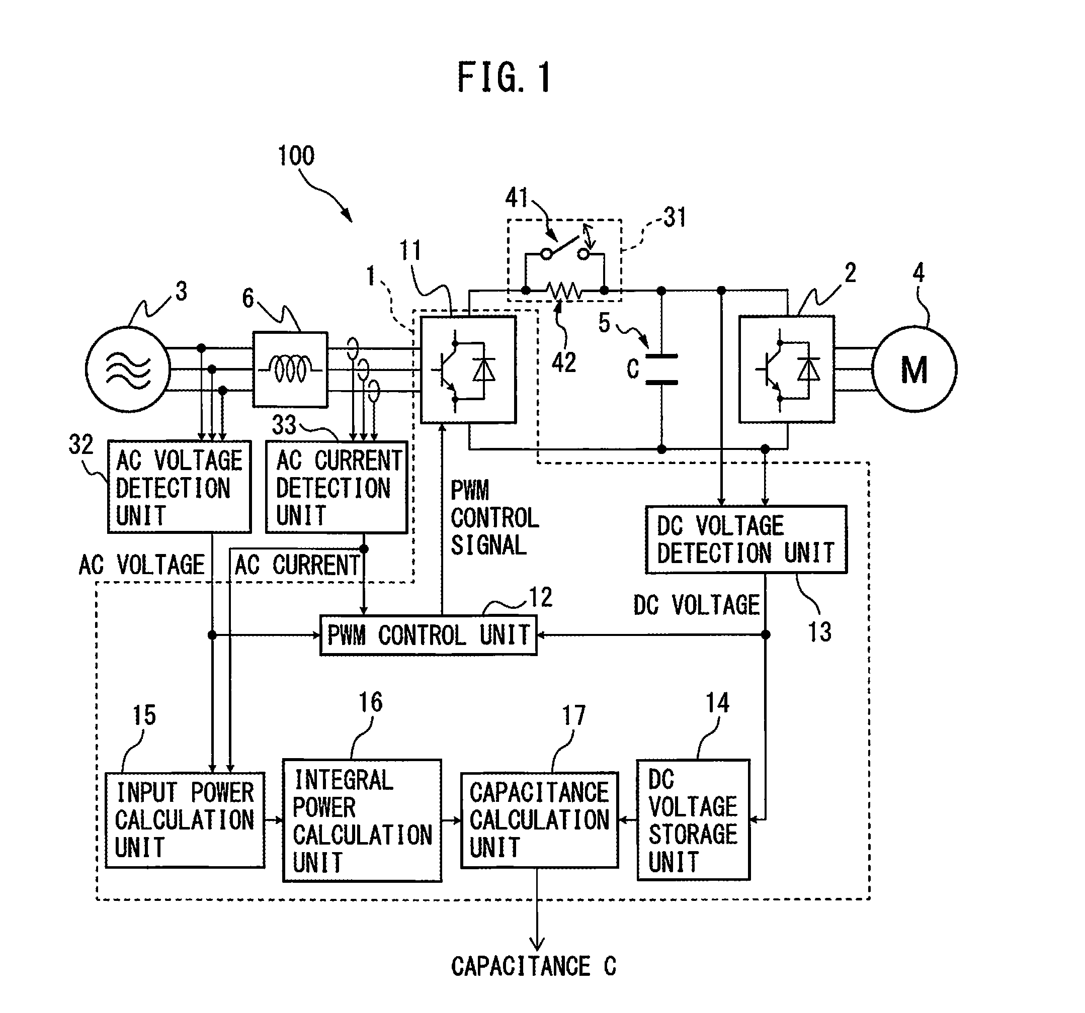 Pwm rectifier including capacitance calculation unit