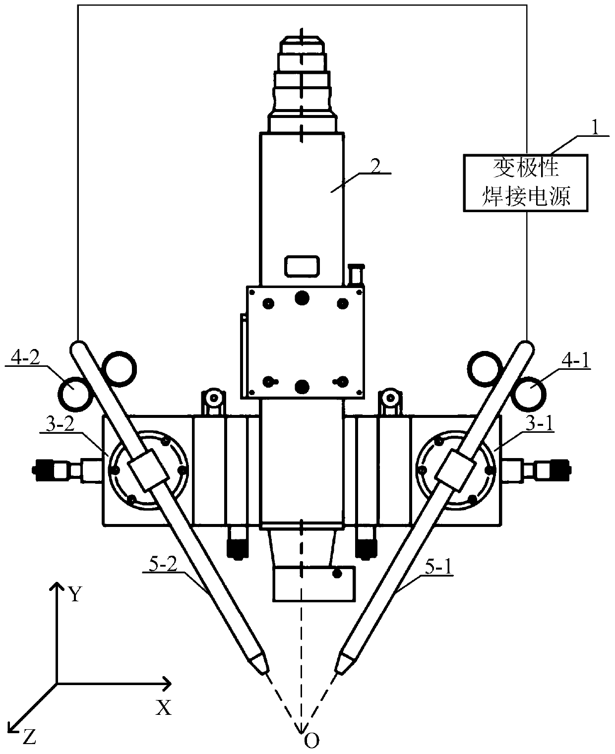 Laser twin-wire indirect arc hybrid welding device and wire feeding speed prediction calculation method