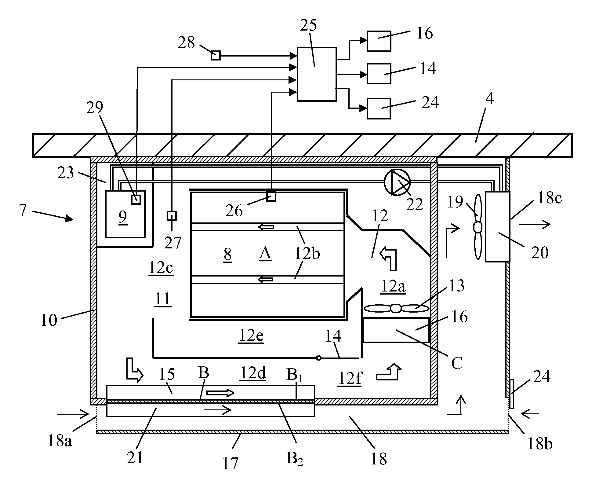 Cooling arrangement for at least one battery in a vehicle