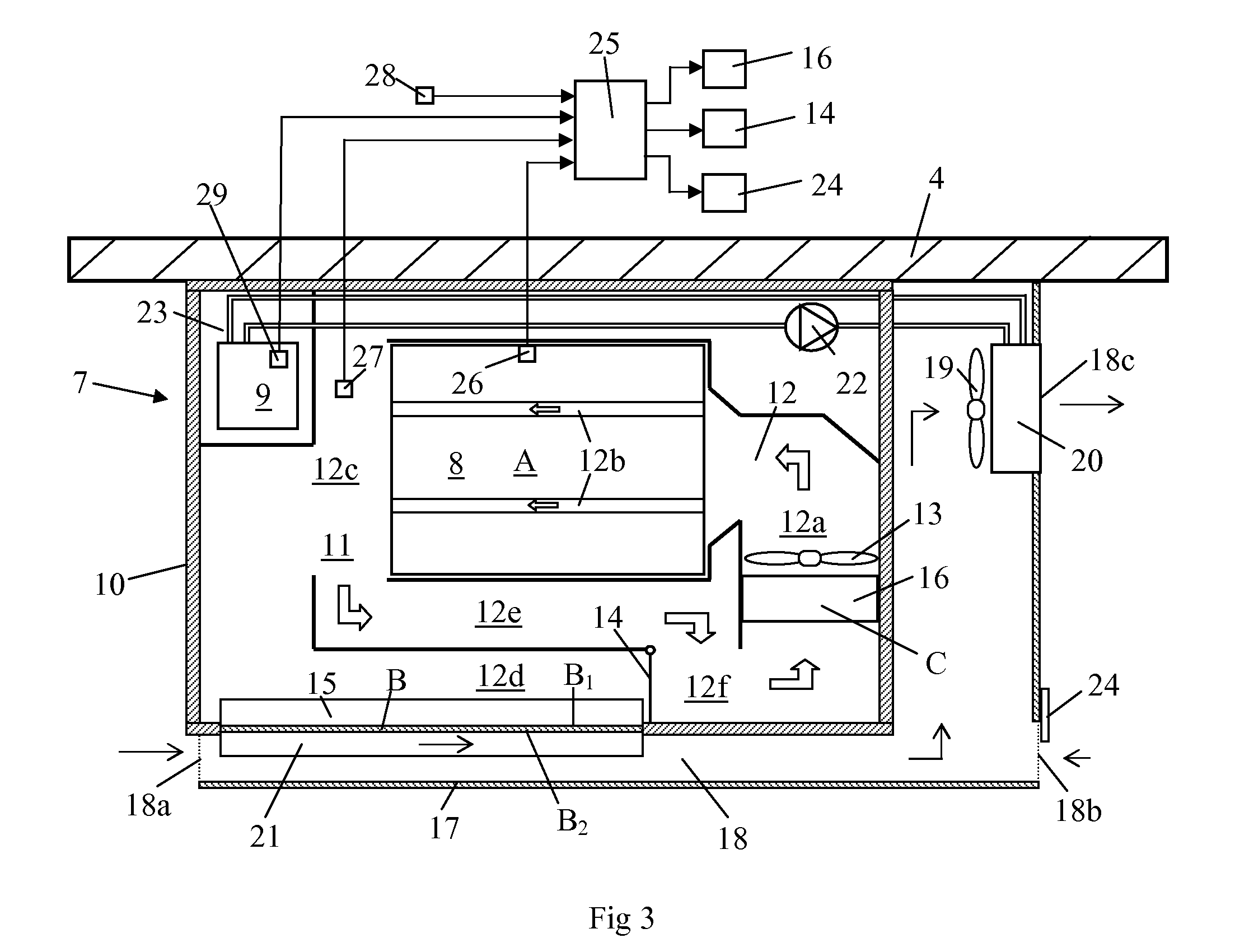 Cooling arrangement for at least one battery in a vehicle