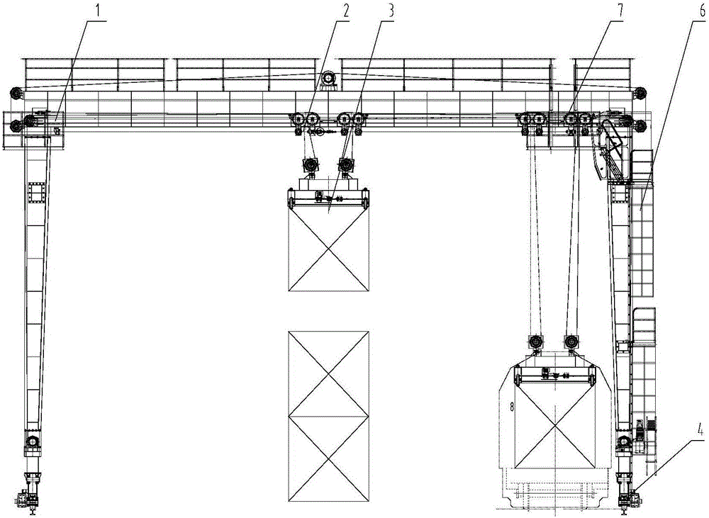 Hoisting mechanism with distributed arrangement of container crane and arrangement method