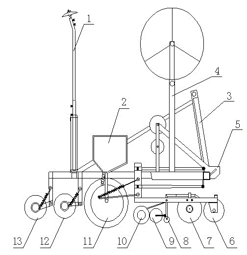 Film-applying drop irrigation sowing earthing device