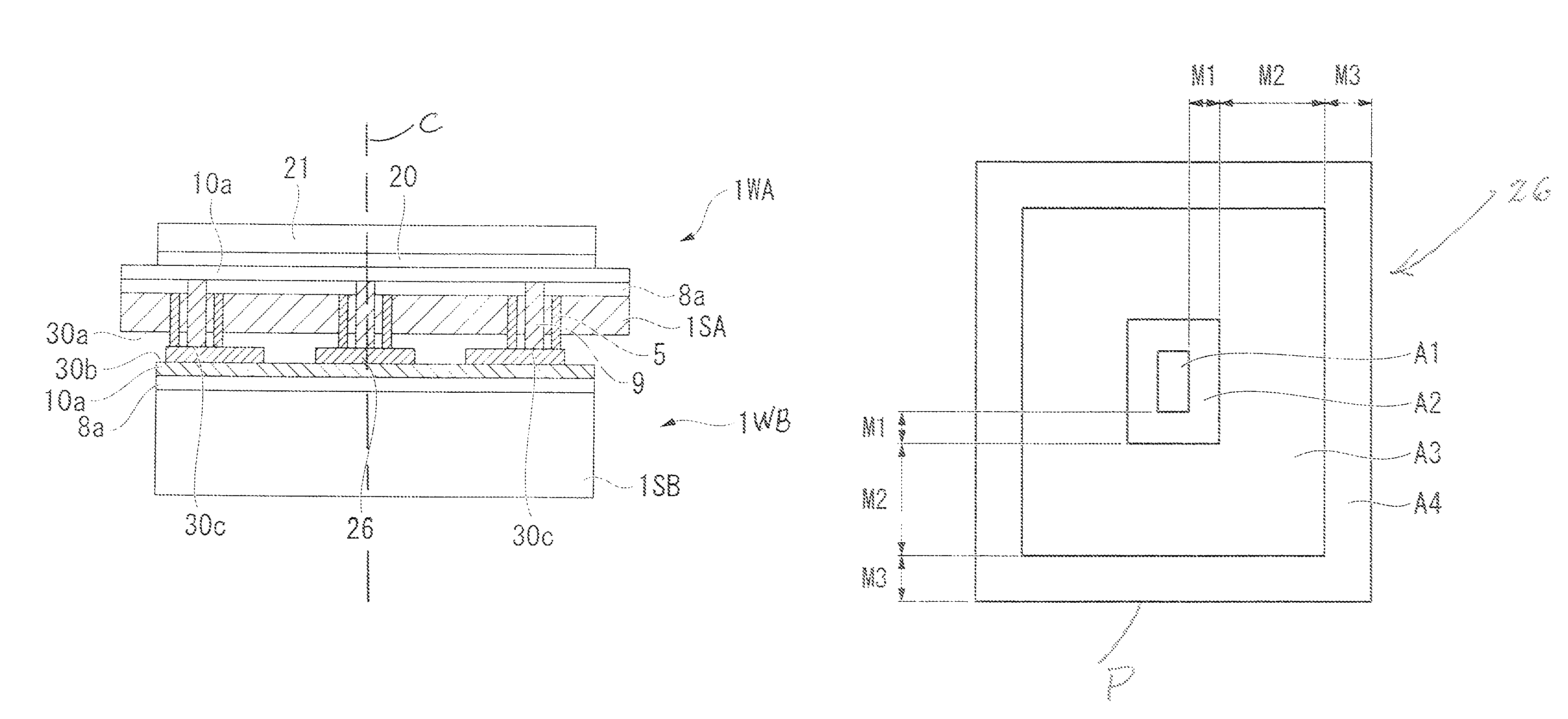 Semiconductor device having an increased area of one of the opposing electrode parts for preventing generation of unconnected positions the electrodes on the bonded wafers