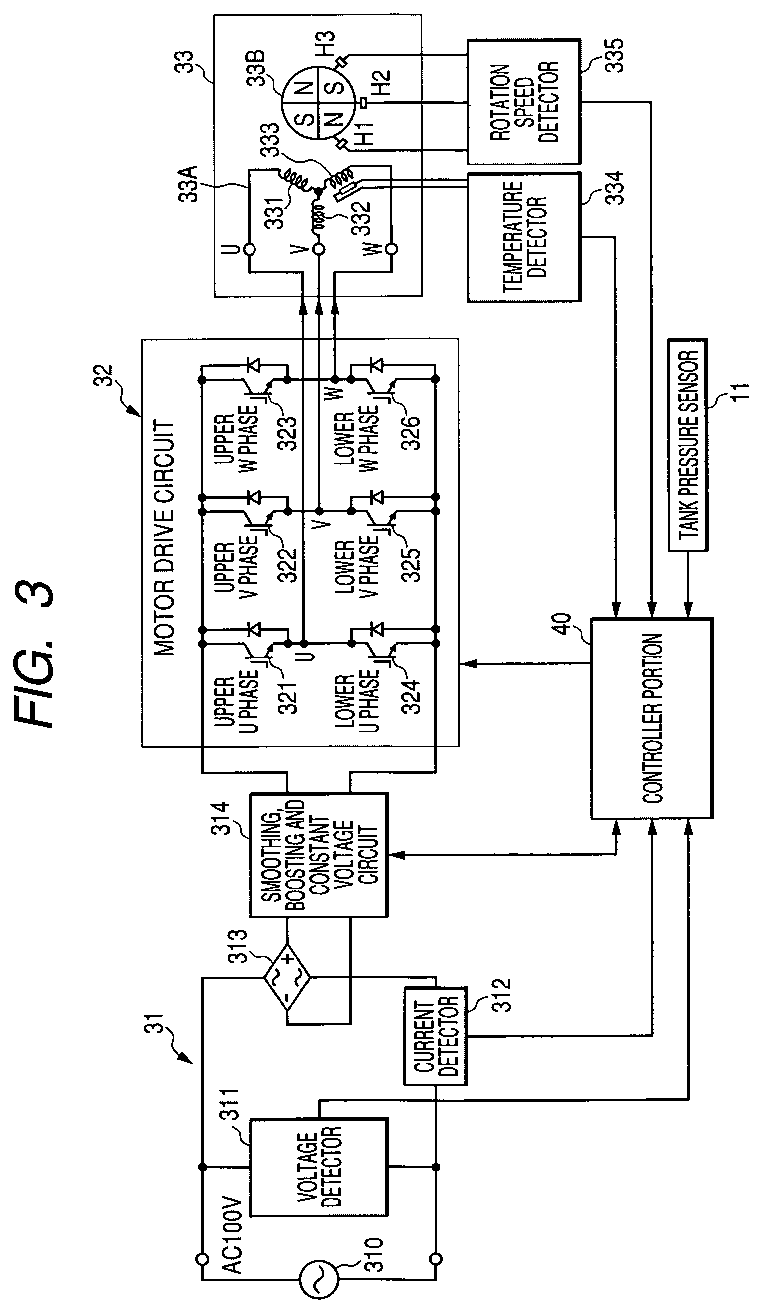 Air compressor having a controller for a variable speed motor and a compressed air tank