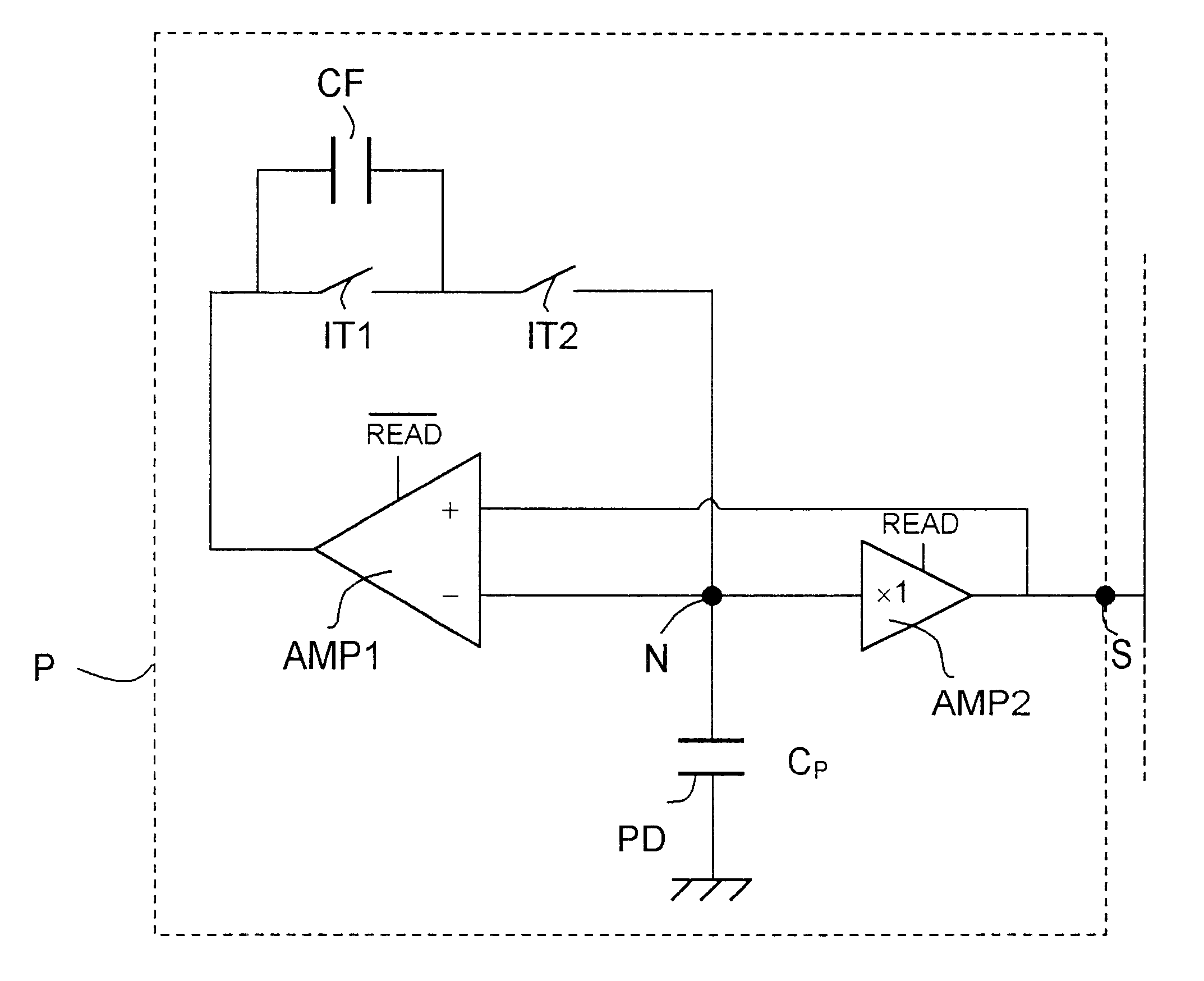 Low-noise CMOS active pixel having control signals active/inactive during a reset phase