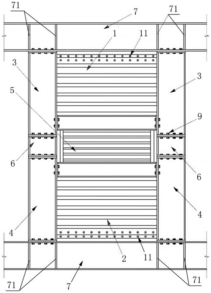 Energy-dissipating shear wall structure with beams through corrugated steel plates