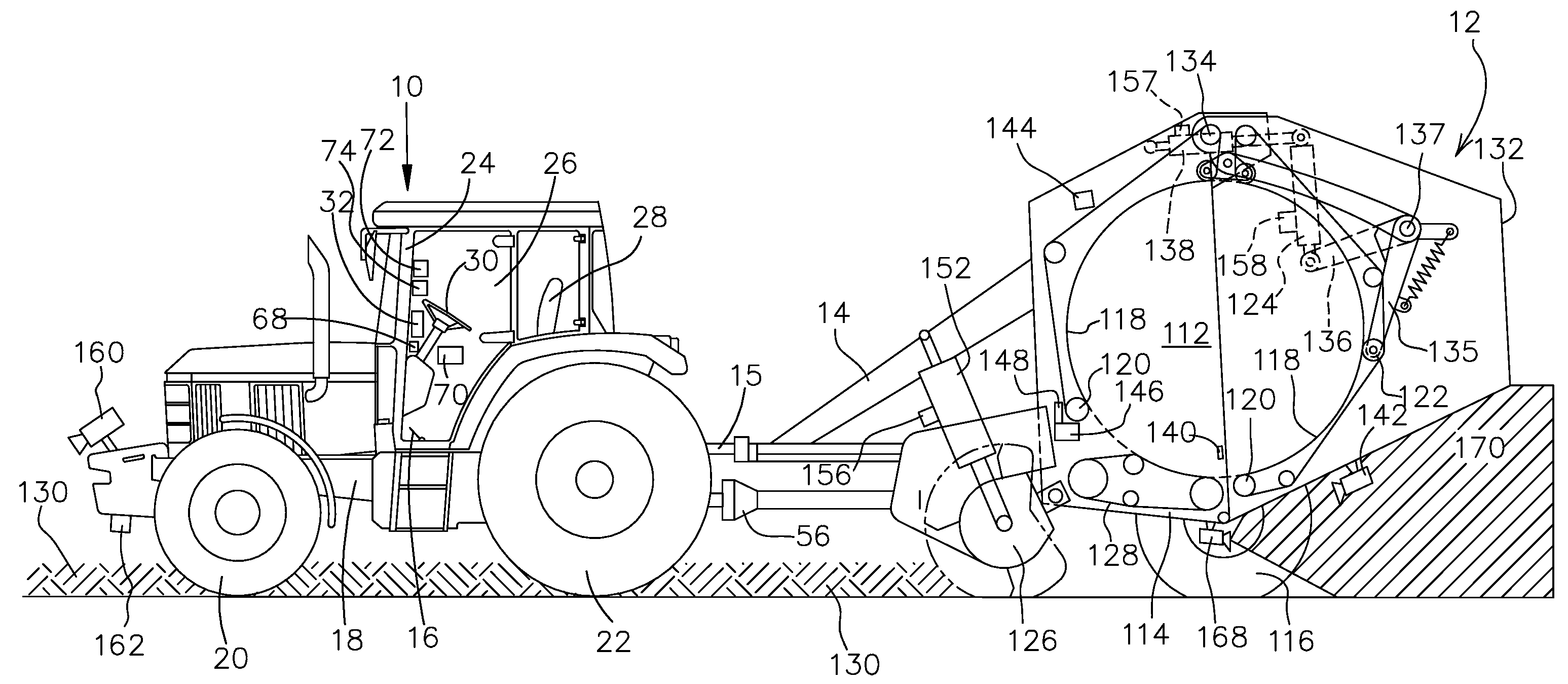 Tractor And Round Baler Combination With Automatic Baling And Automatic Rear Door Opening