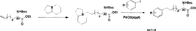 Method for synthesizing optically active derivative of omega - aryl - (2S) - N - boc -alpha amino acid