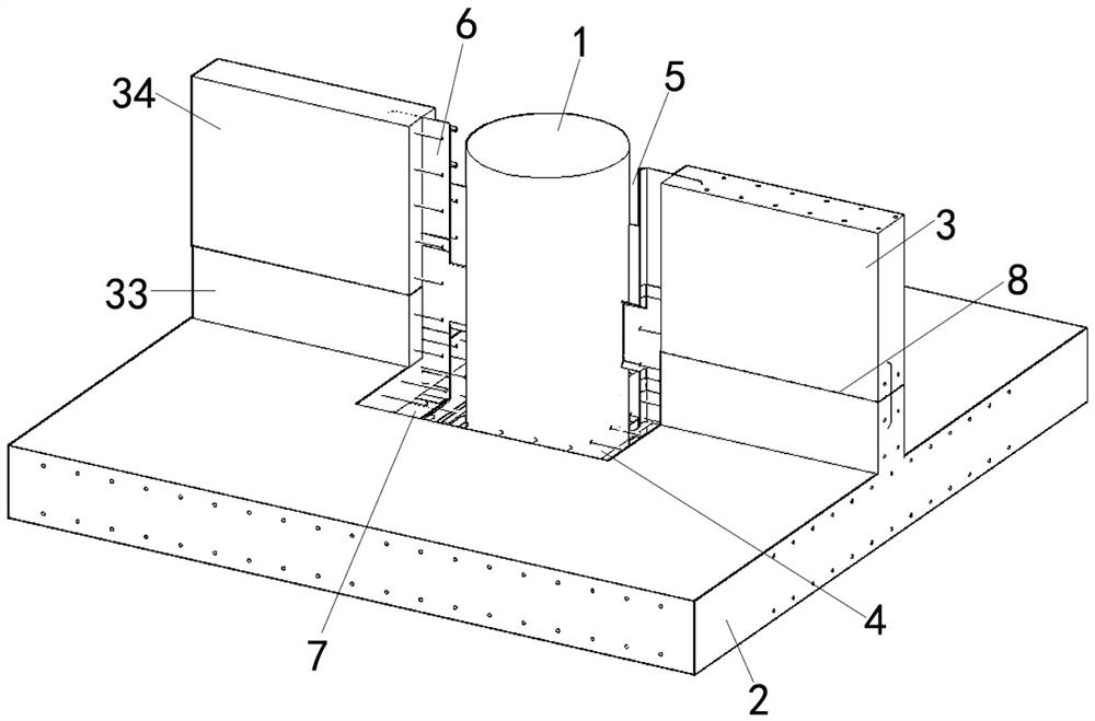 Supporting steel pipe stand column and fire pool wall connecting structure and construction method