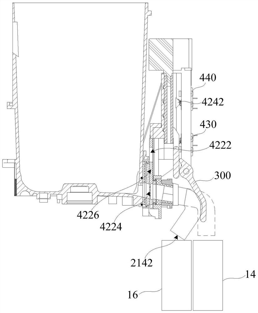 Household appliance and fluid discharge device thereof