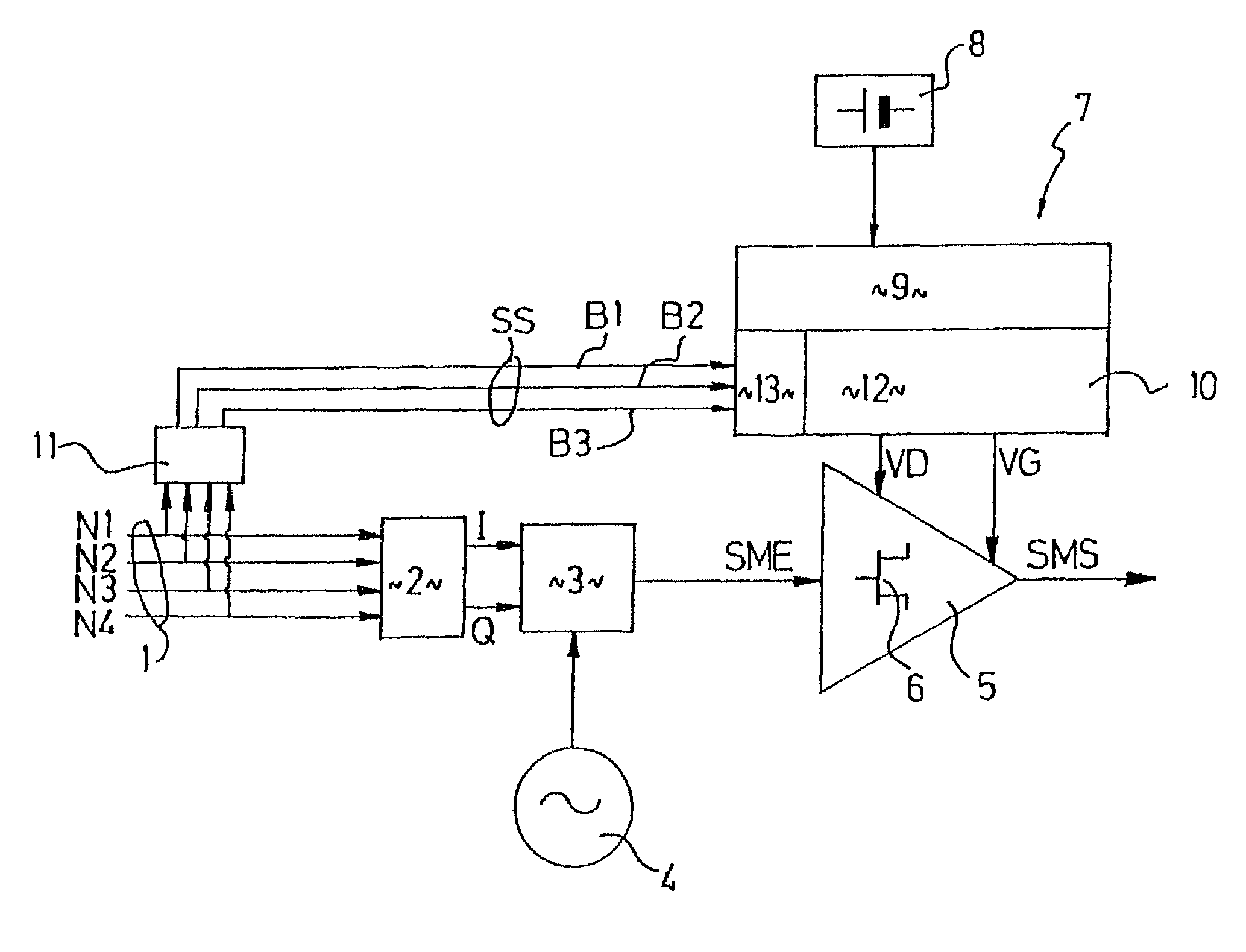 Modulated radio signal transmitter with self-adapted amplification polarization