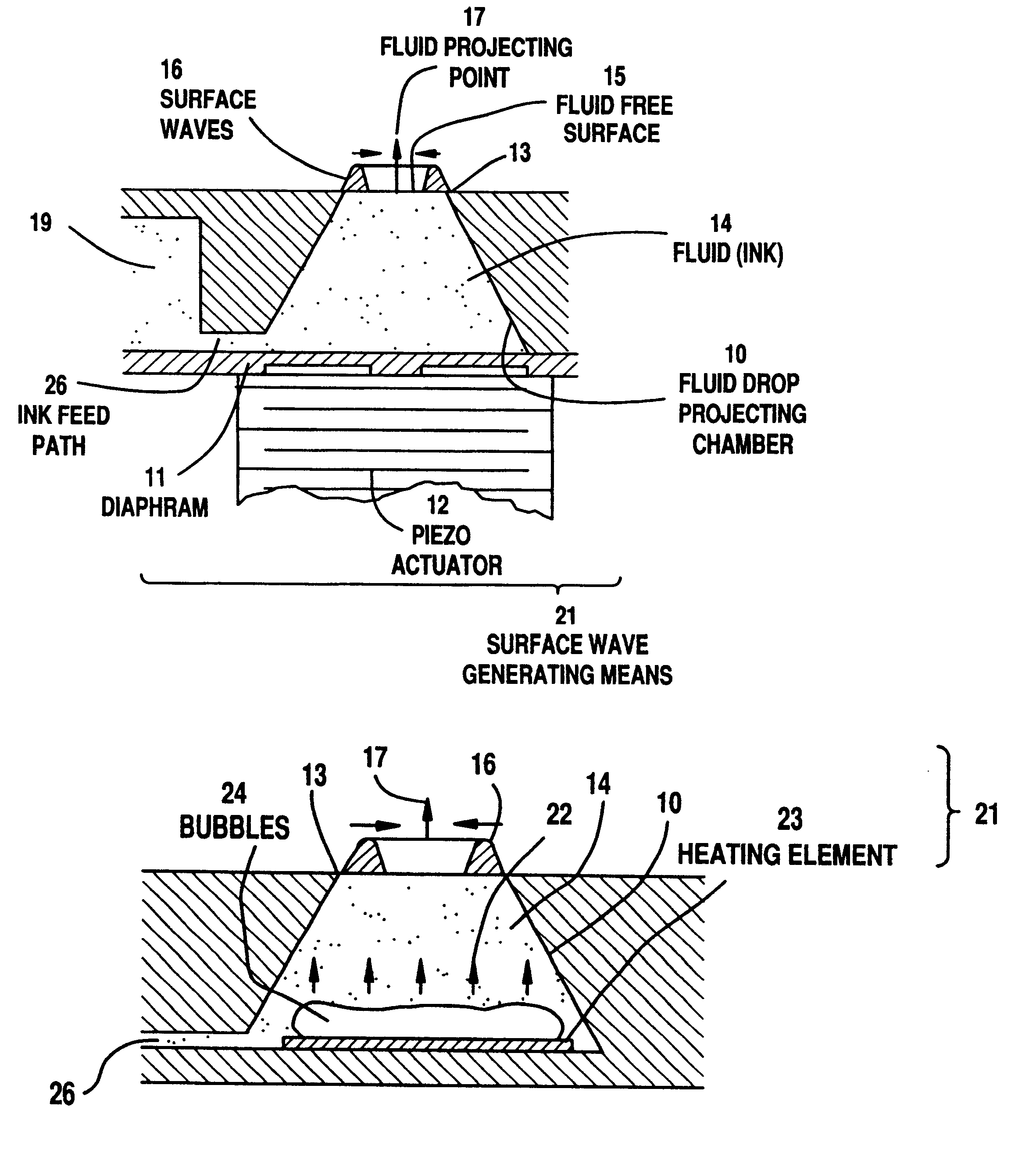 Fluid drop projecting head using taper-shaped chamber for generating a converging surface wave