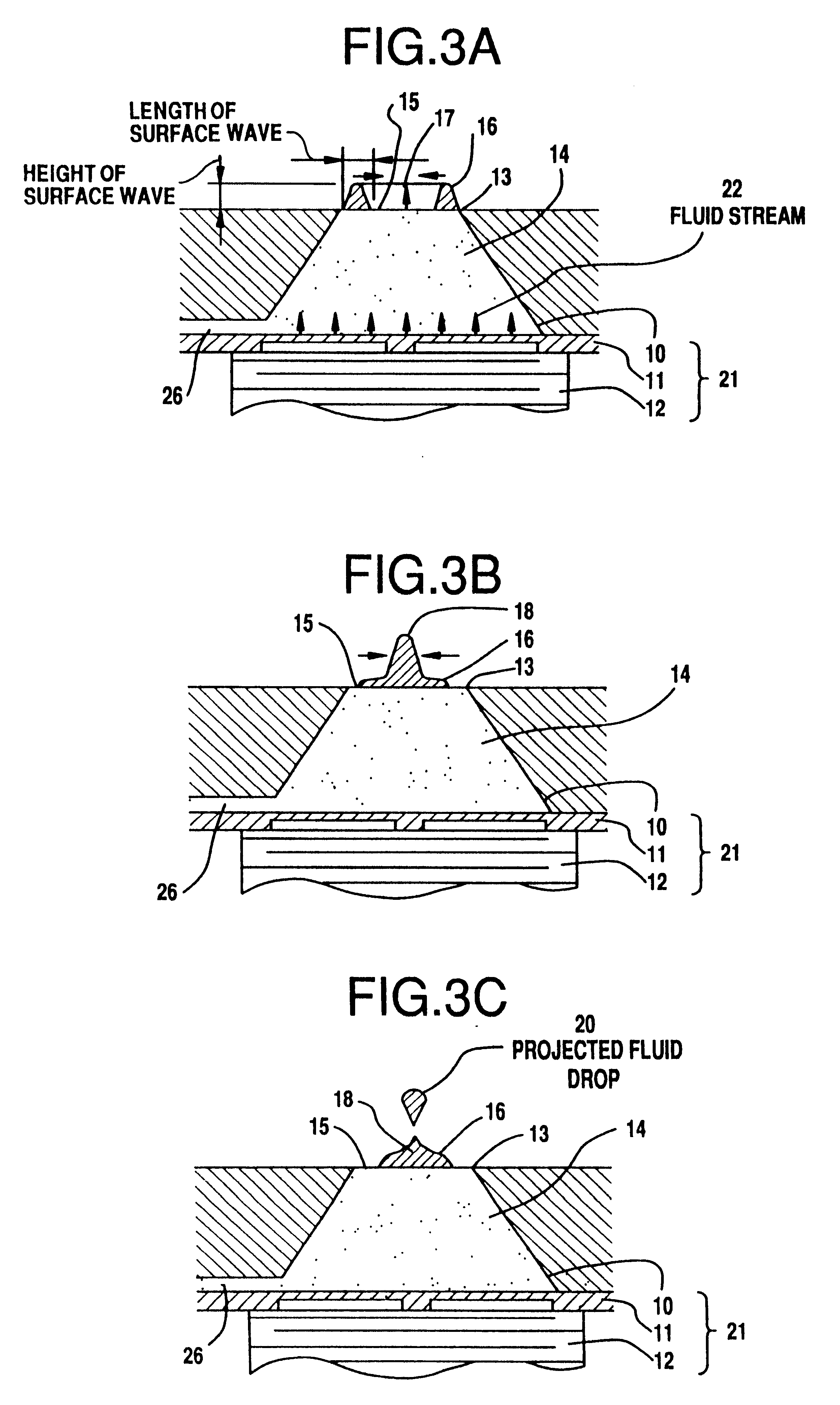 Fluid drop projecting head using taper-shaped chamber for generating a converging surface wave