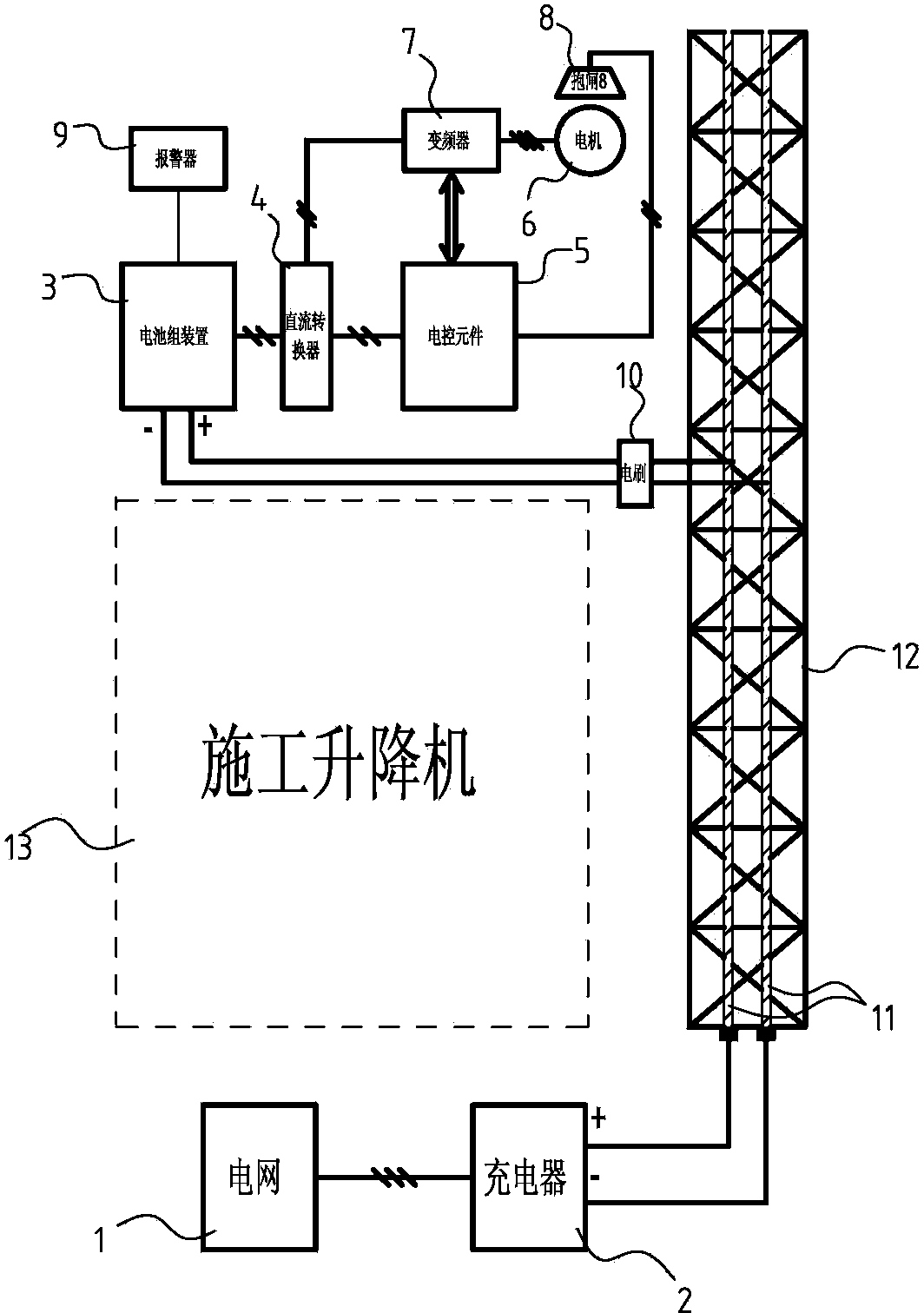 Trolley conductor energy storage type construction elevator