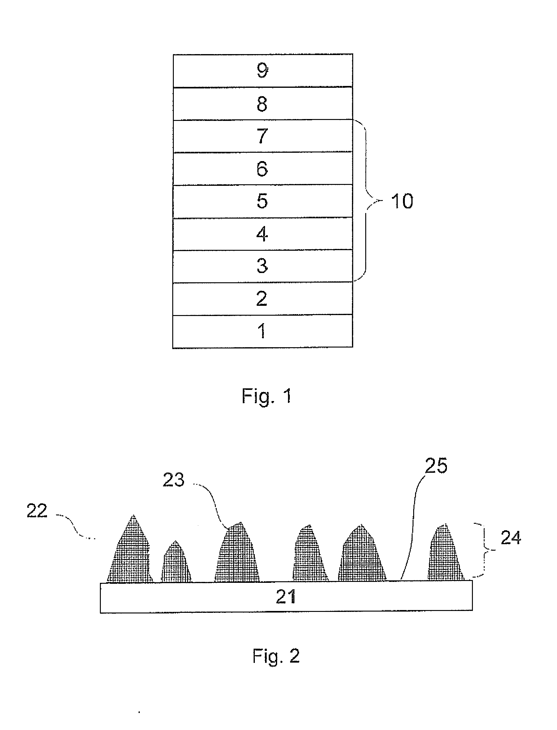 Organic light emitting device with roughening layer and method of producing