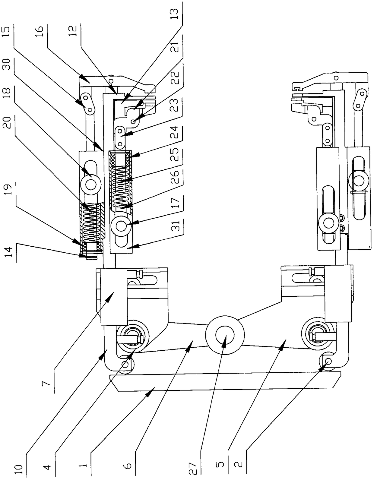 Sub-clamp device for clamping M-shaped packaging bag