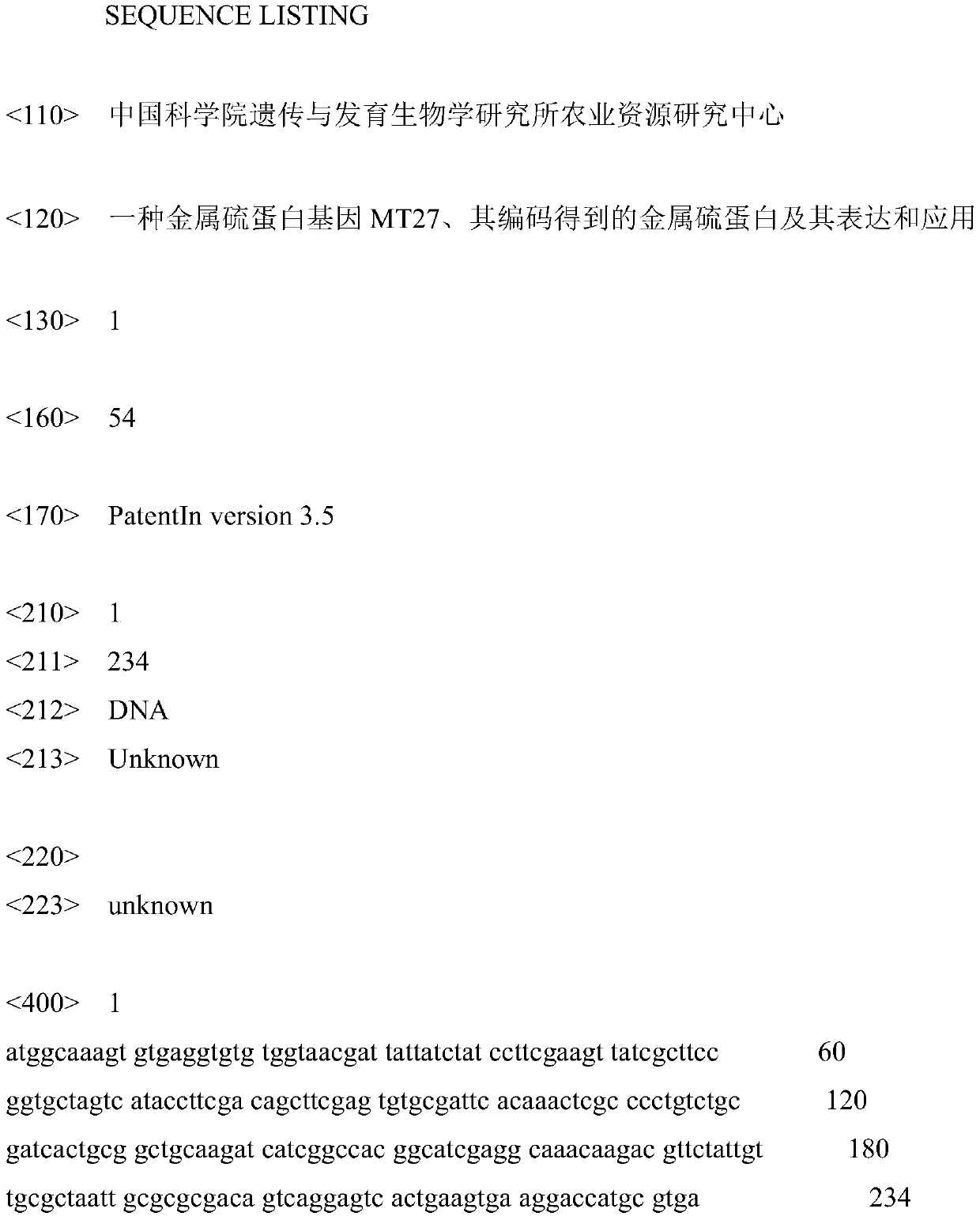 Metallothionein gene MT27, metallothionein obtained through encoding of metallothionein gene MT27 and expression and application of metallothionein