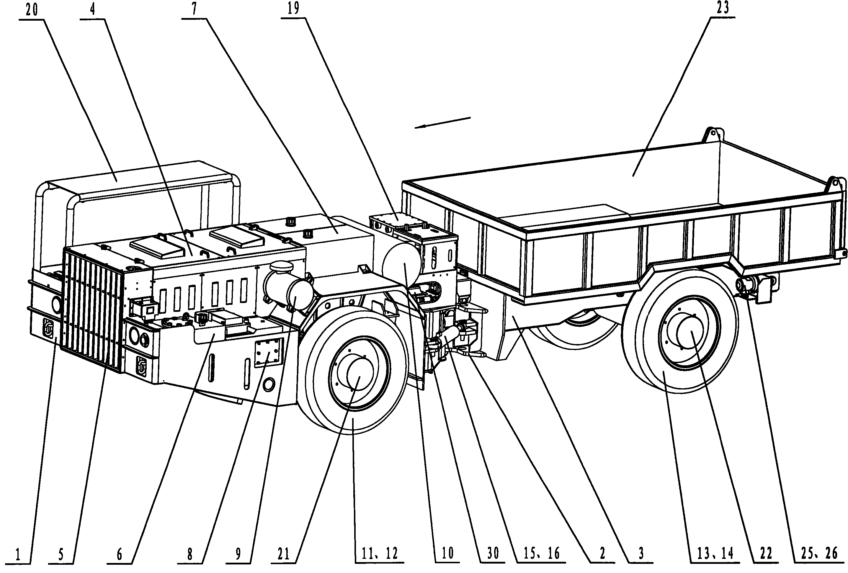 Articulated rubber wheel transport vehicle