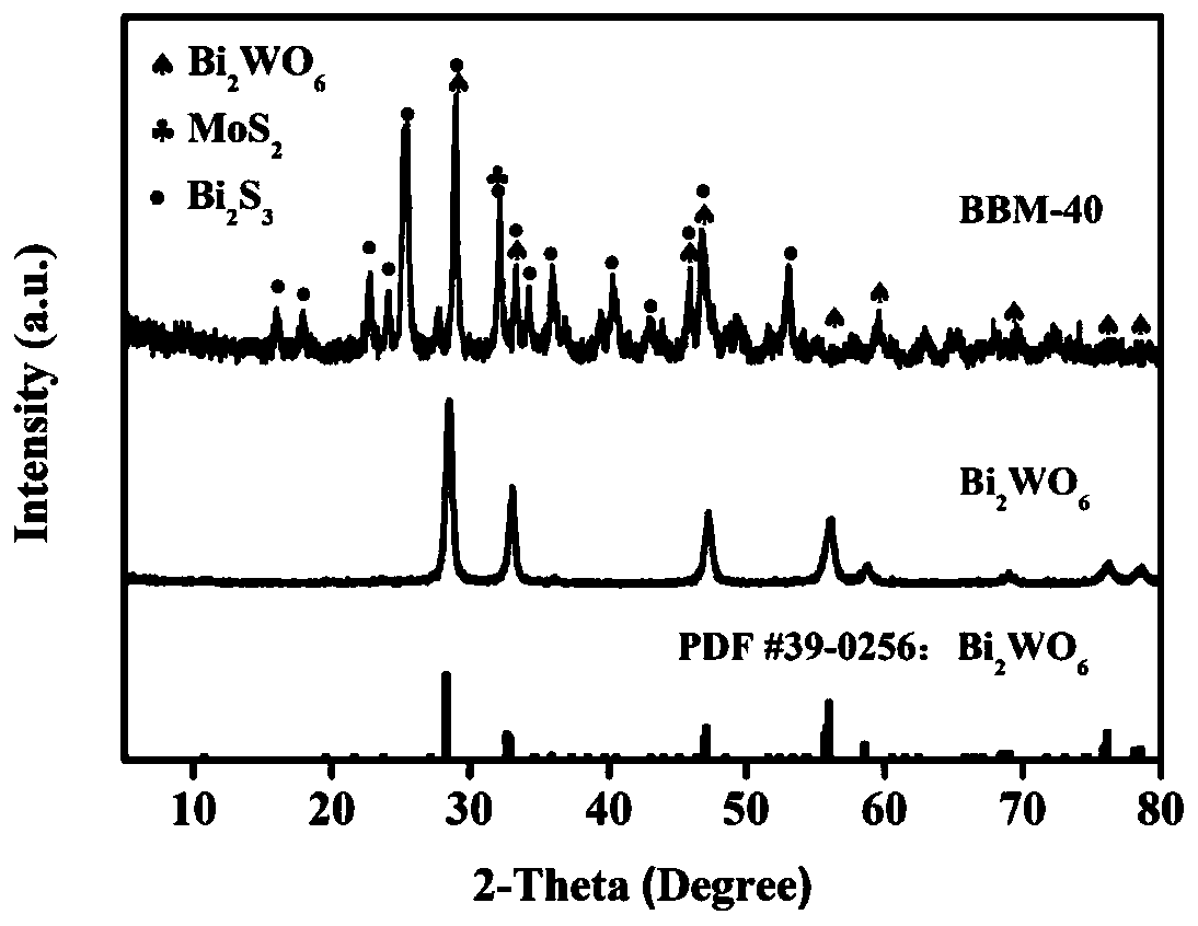 Bismuth tungstate/bismuth sulfide/molybdenum disulfide heterojunction ternary composite material and preparation method and application thereof