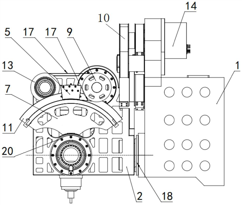 A steel belt drive swing head structure