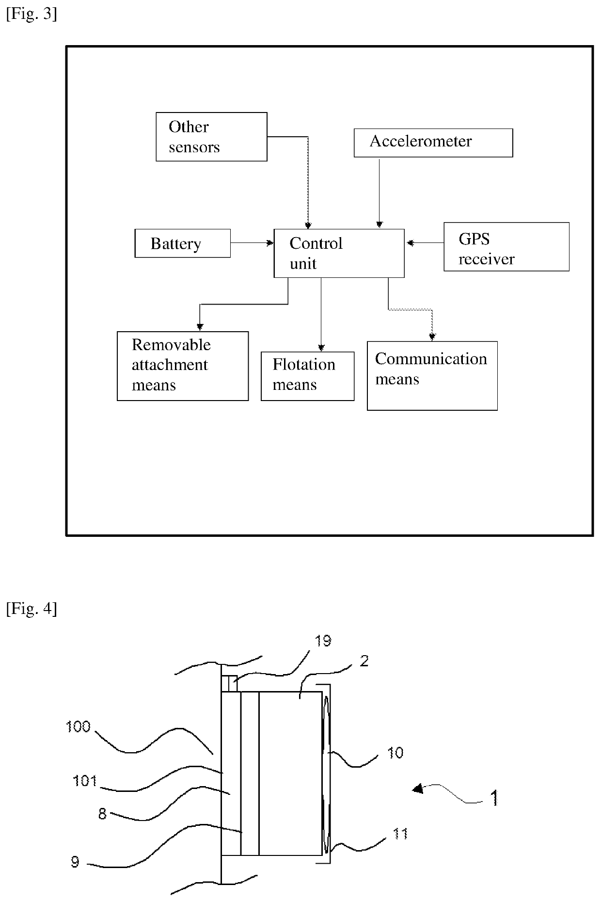 Device for detecting and geolocating a container that has gone overboard