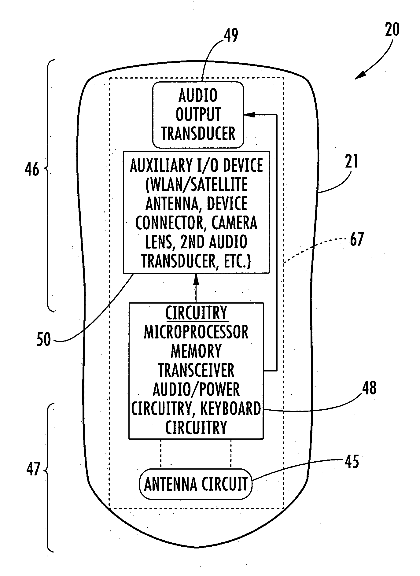 Mobile wireless communications device with reduced interfering energy into audio circuit and related methods