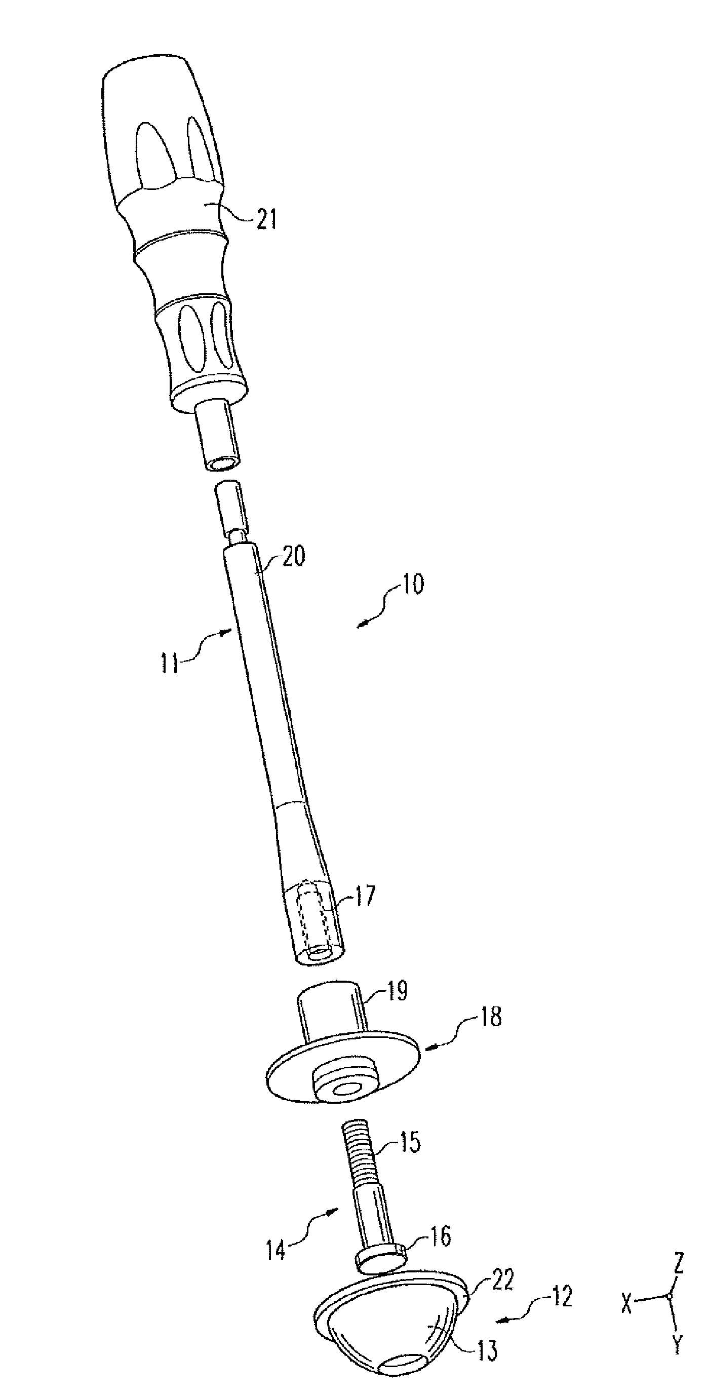 Instrument for handling a joint component by way of a vacuum