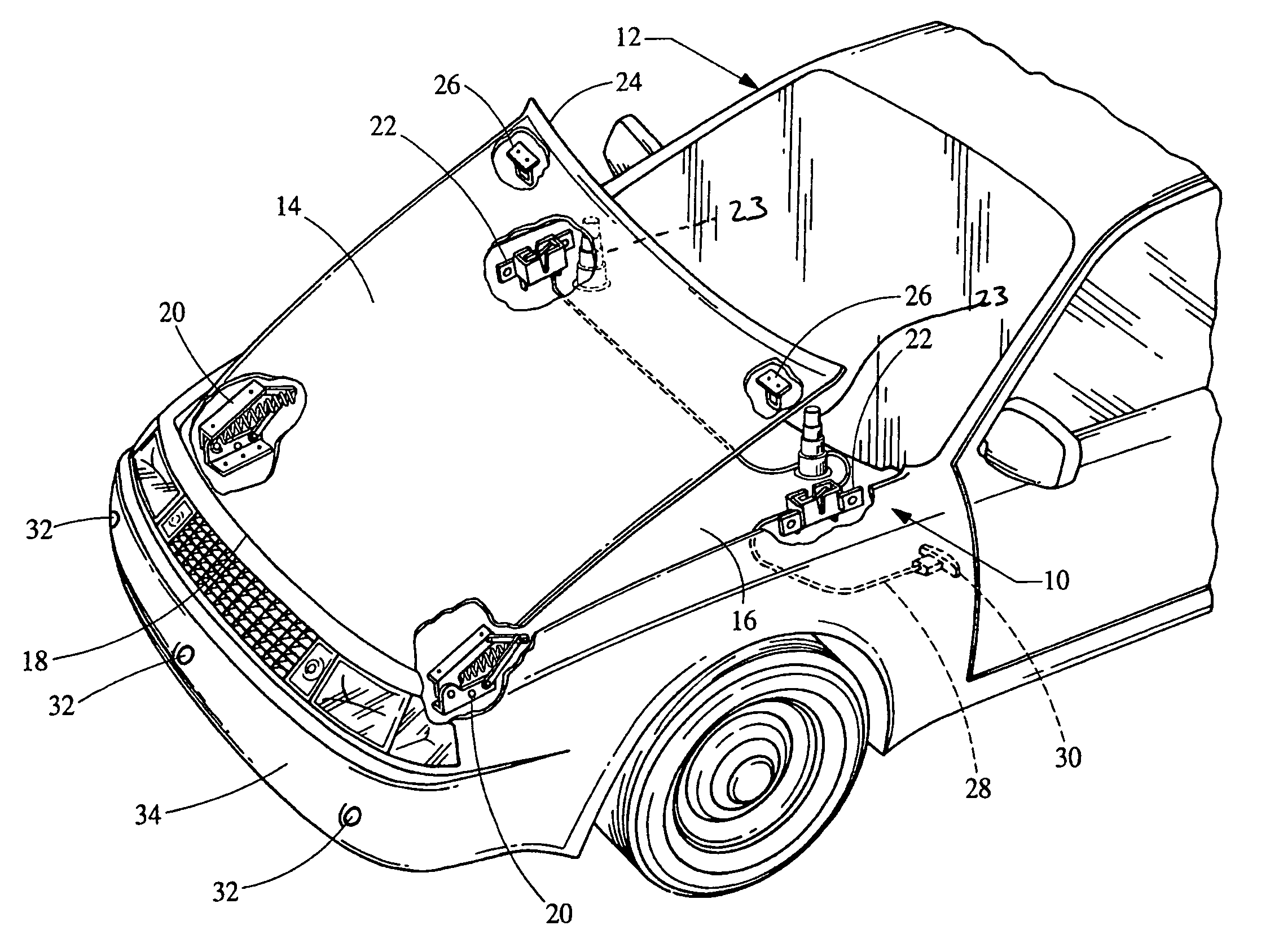 Vehicle hood latch release system for improved pedestrian protection