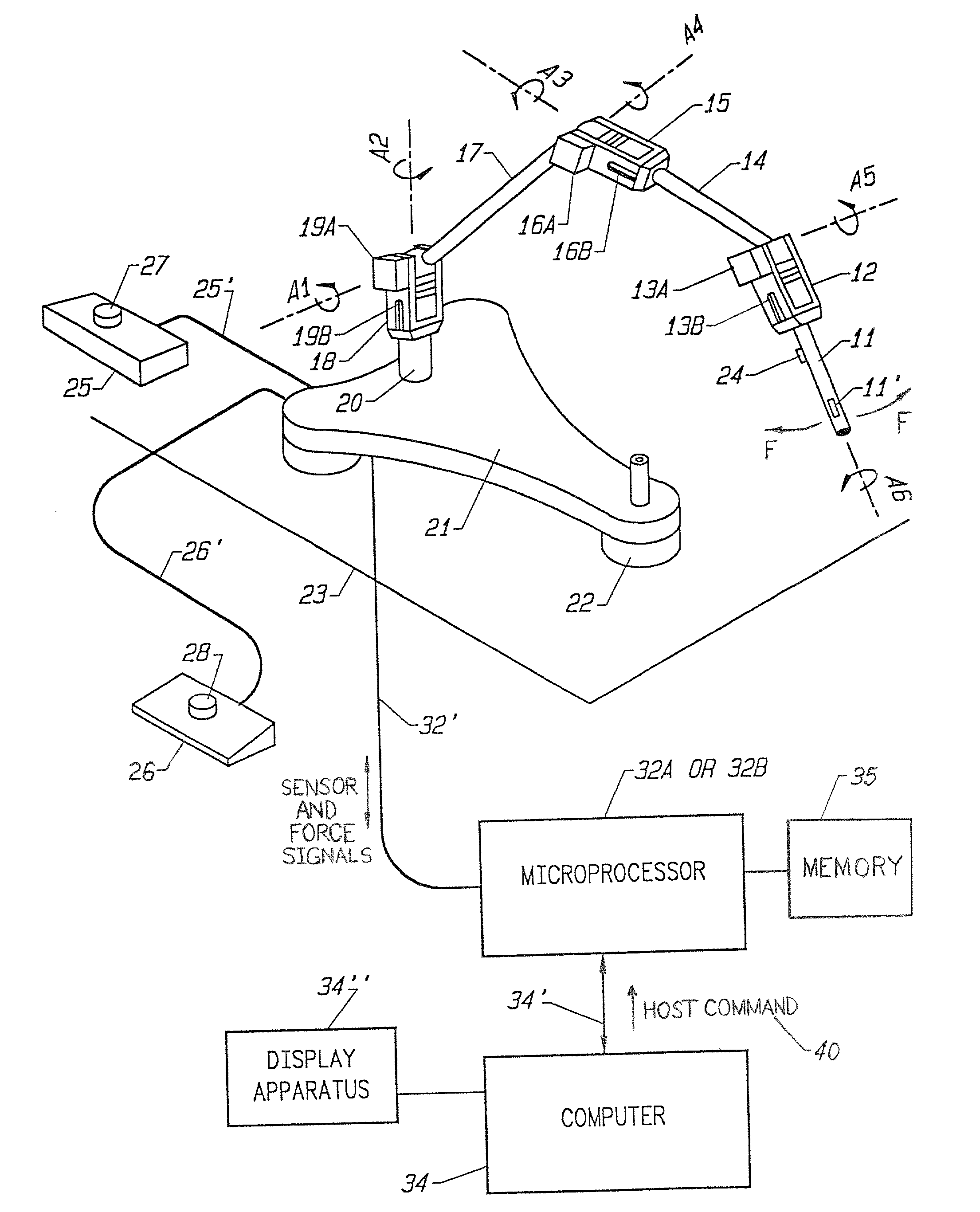 Interface device for sensing position and orientation and outputting force to a user