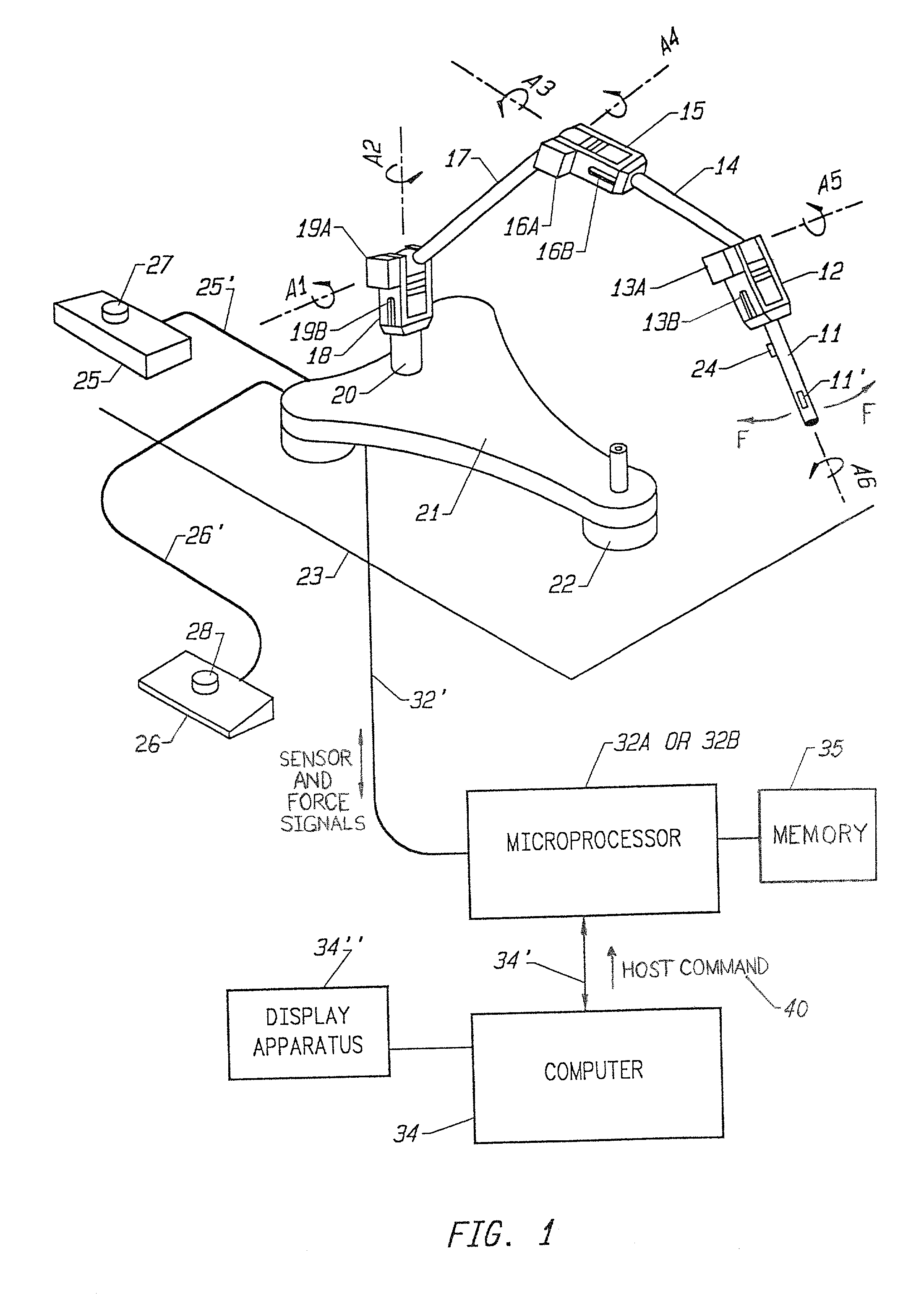 Interface device for sensing position and orientation and outputting force to a user