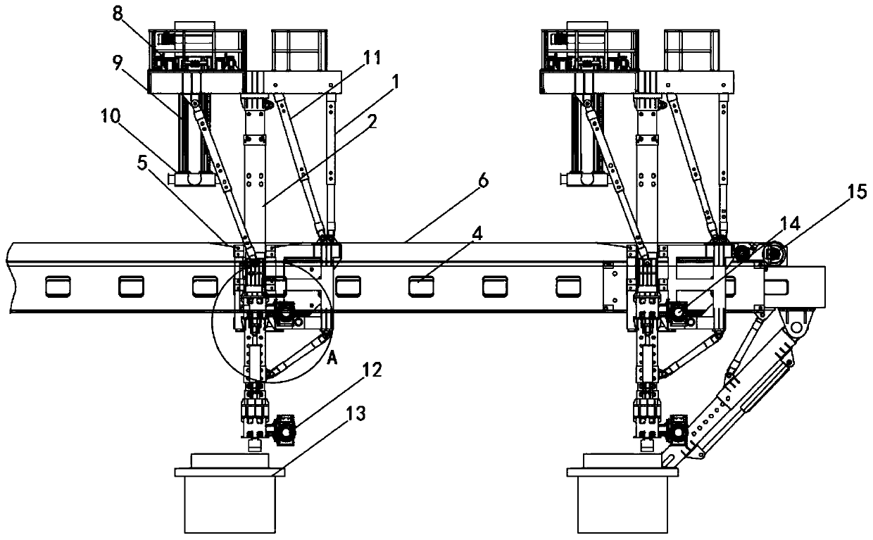 Matching structure of bridge girder erection machine supporting legs and main beam