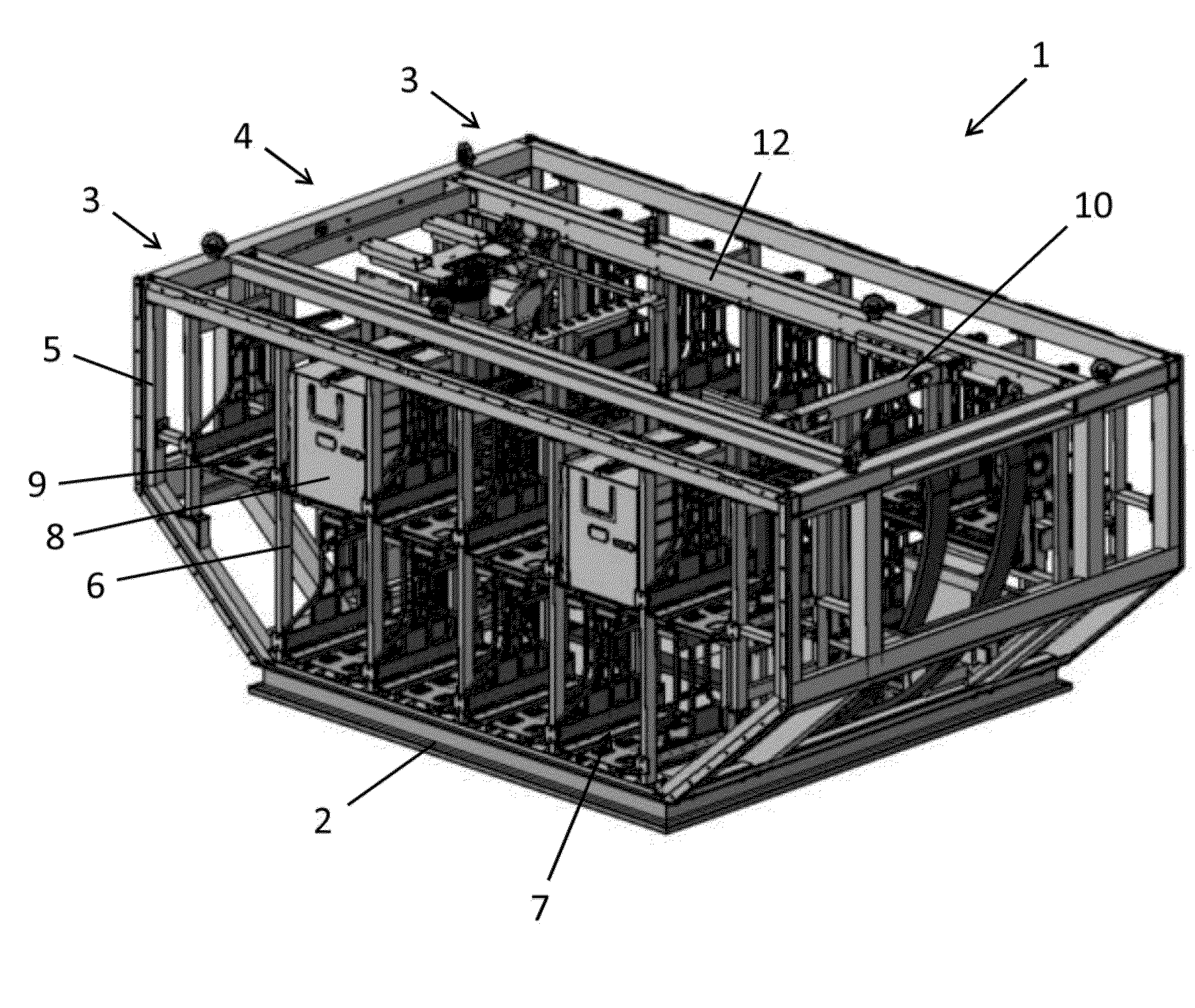 Cargo container comprising a storage rack module and a transport module