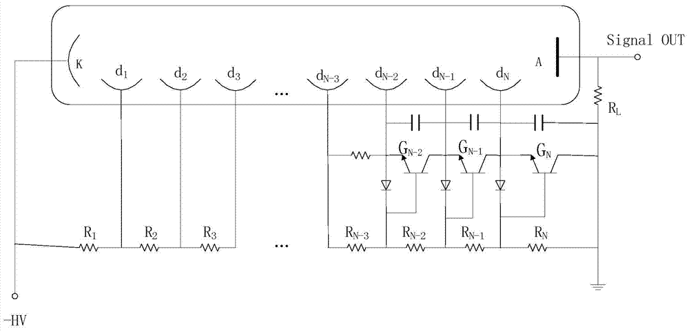 A pmt voltage divider circuit with adjustable magnification