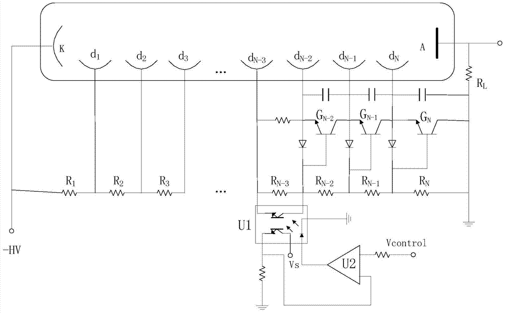 A pmt voltage divider circuit with adjustable magnification