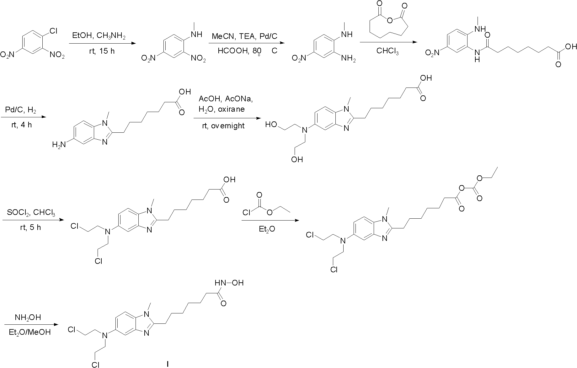 Synthetic method of [1-methyl-2-(8'-octyl hydroxamic acid group)-5-N,N-bi(2'-chloroethyl)]-1H-benzimidazole