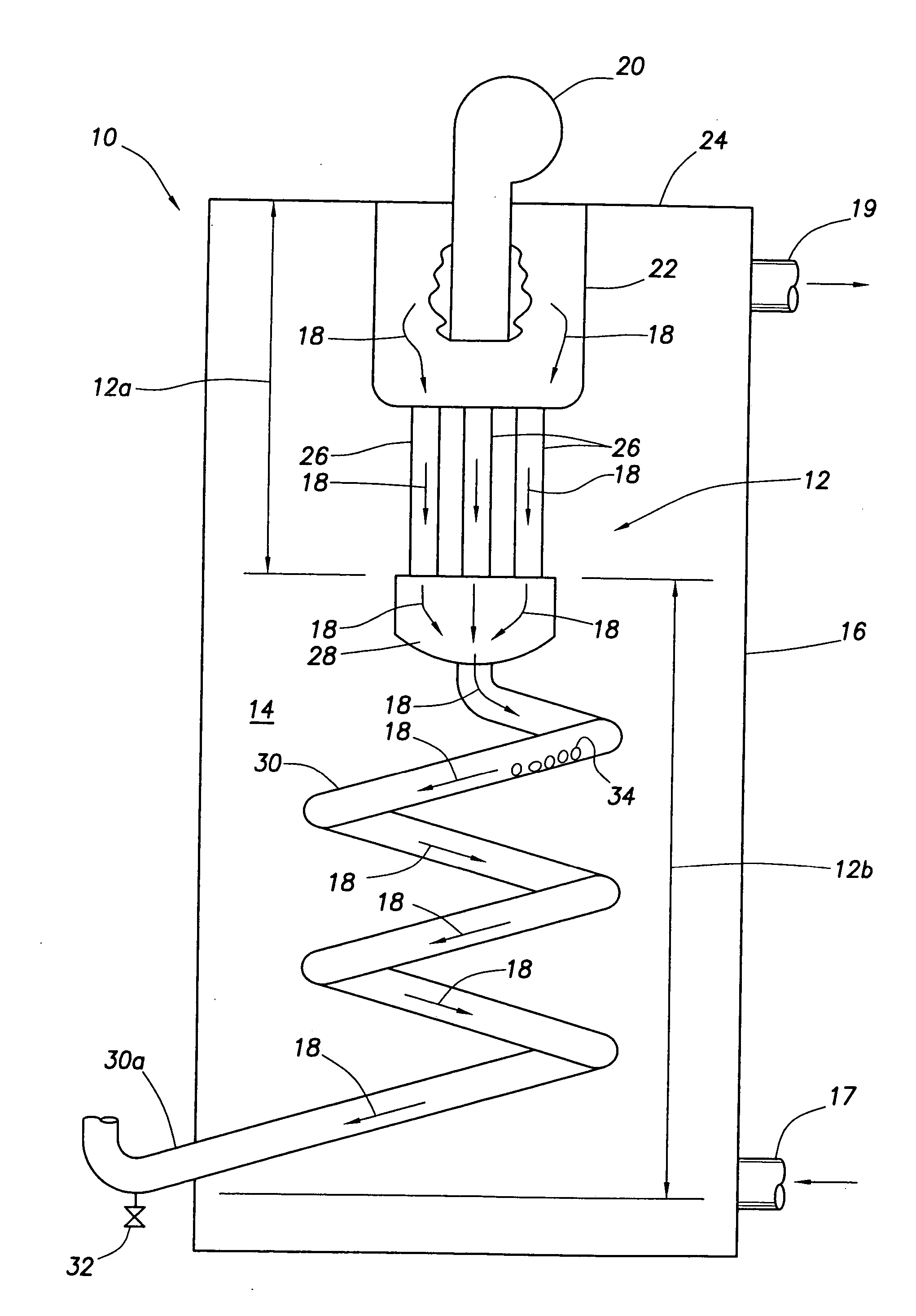 Single pass fuel-fired fluid heating/storage device