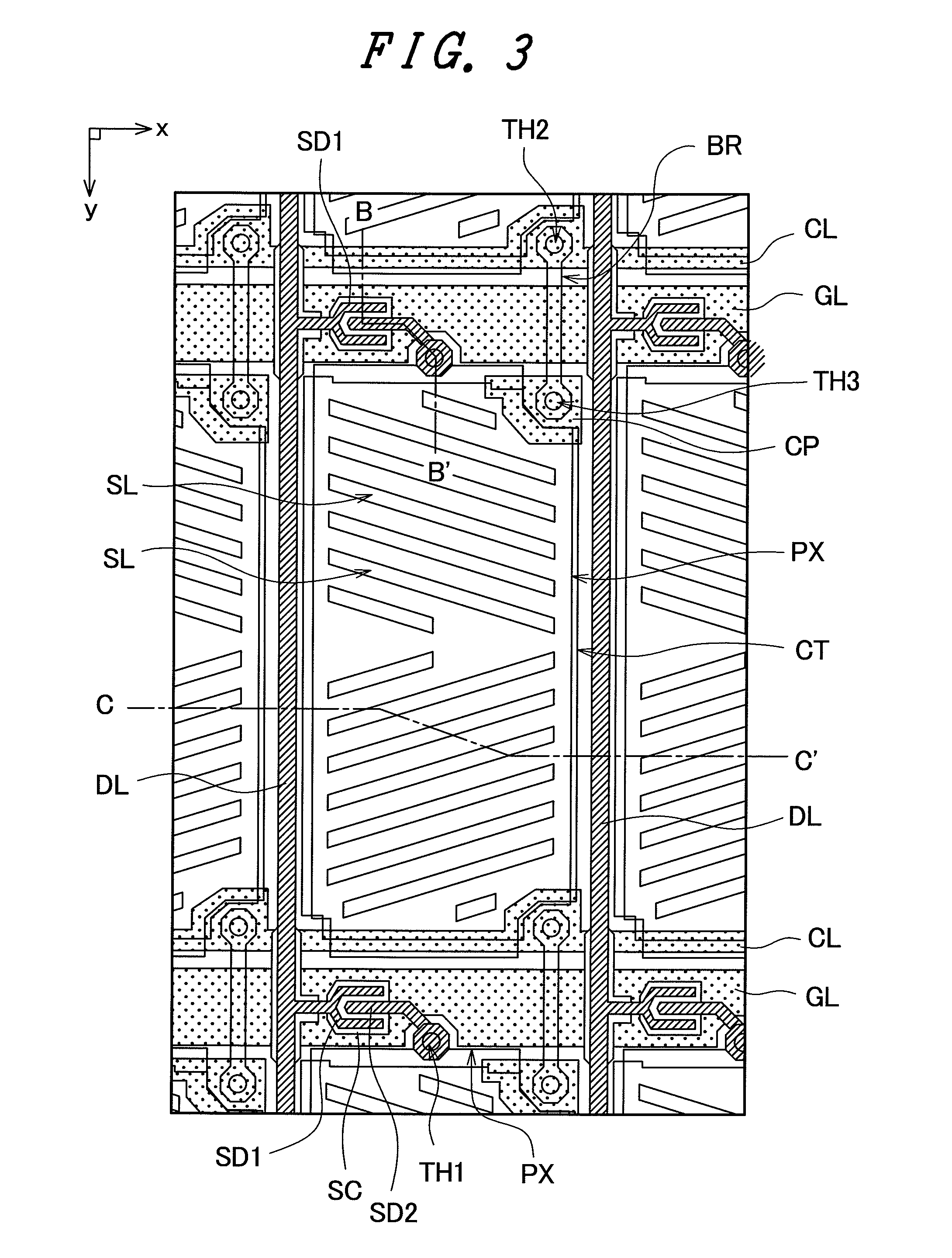 Liquid crystal display device having bus line with opening portions overlapped by conductive films