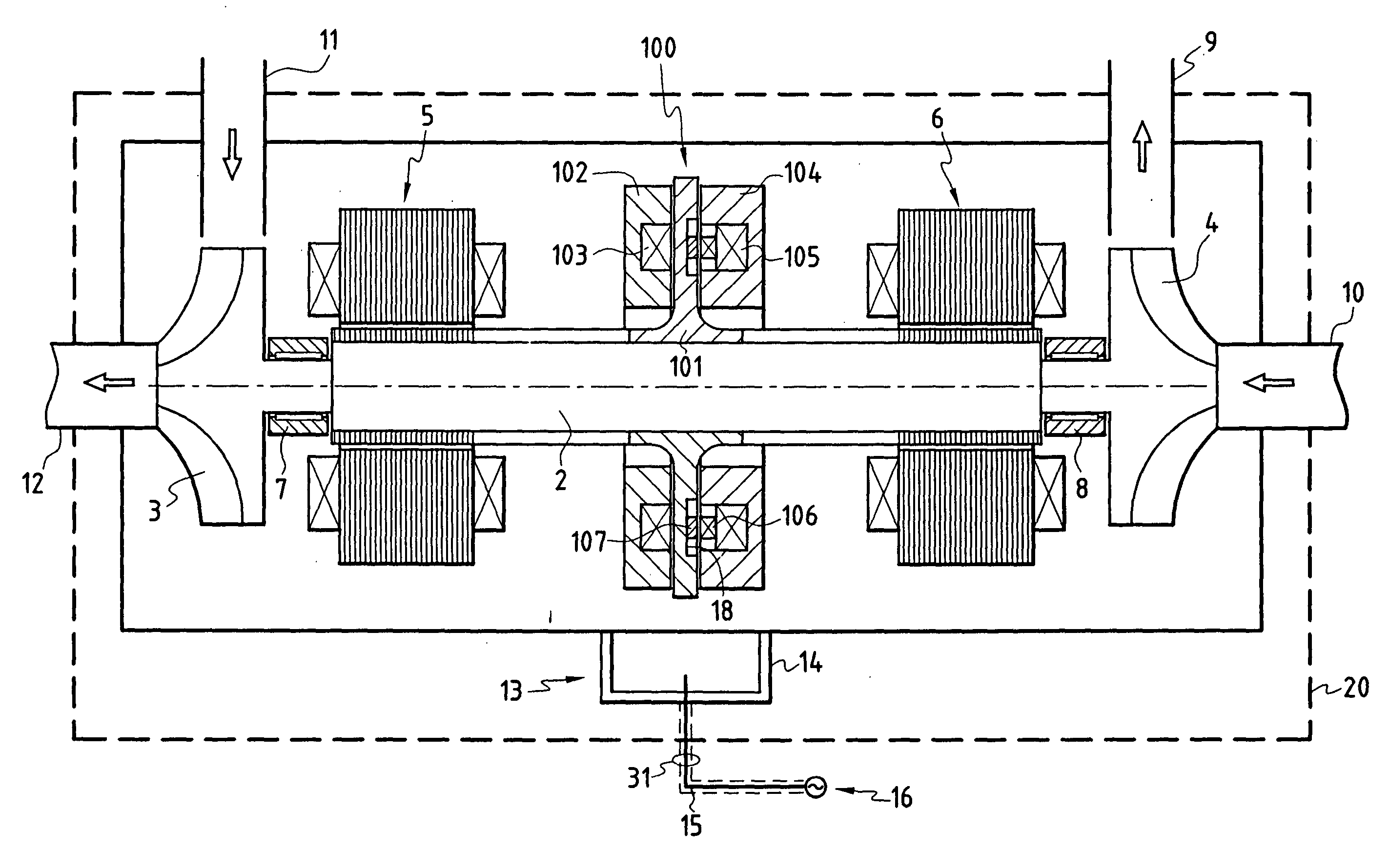Rotary machine with axial stop incorporating a current generator