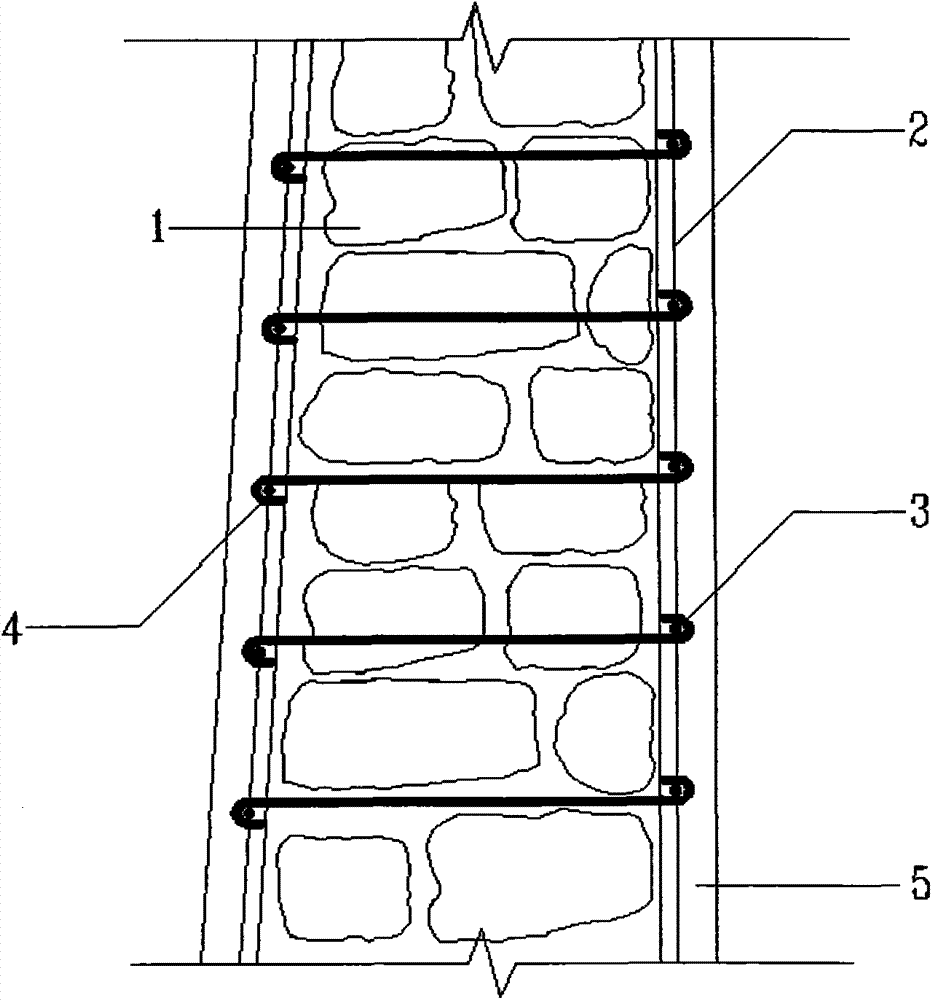 Reinforcing stone structure utilizing through-wall reinforcement cages with externally-arranged wire meshes and construction method of reinforcing stone structure
