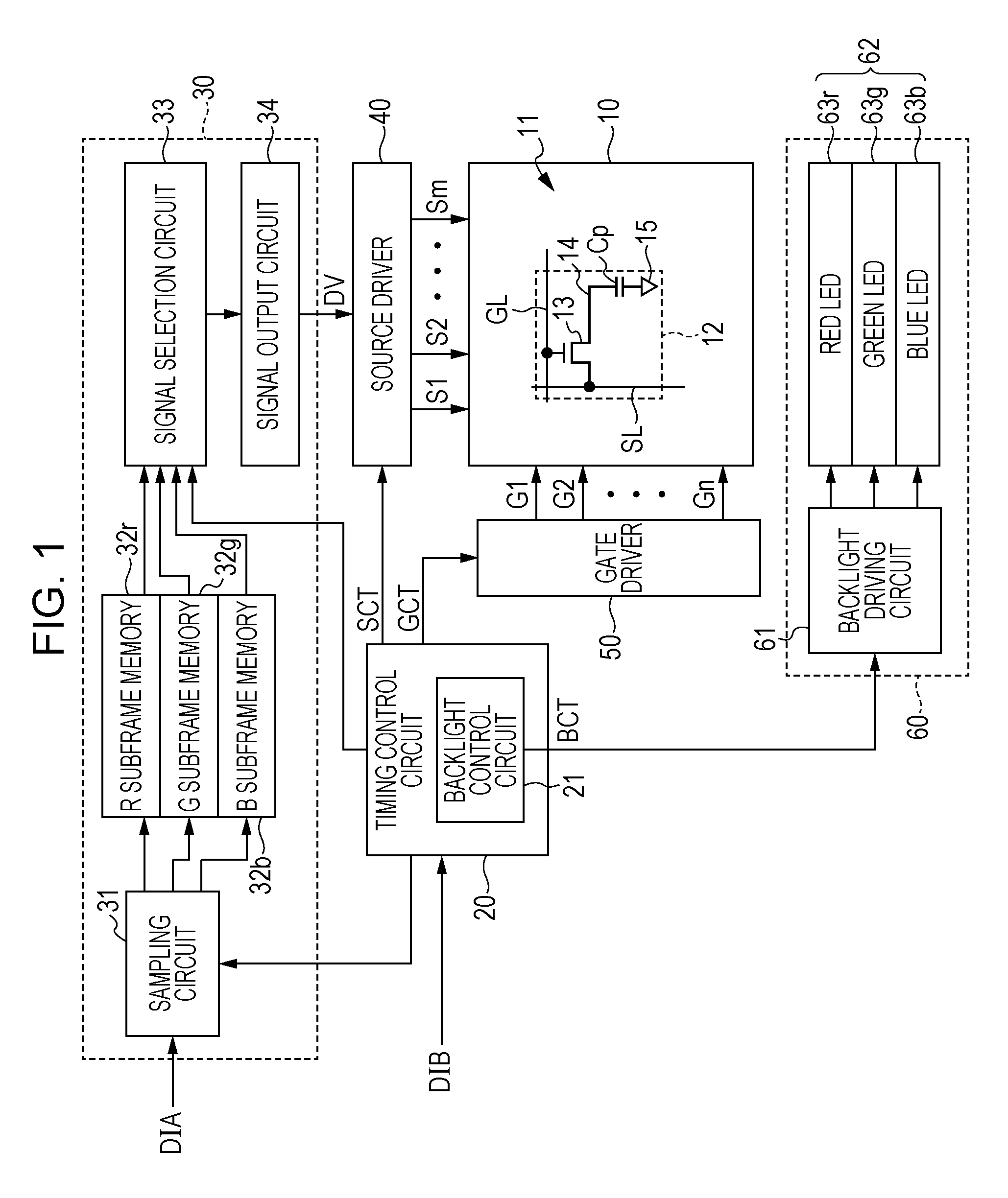 Display device and method that divides one frame period into a plurality of subframe periods and that displays screens of different colors in accordance with the subframe periods