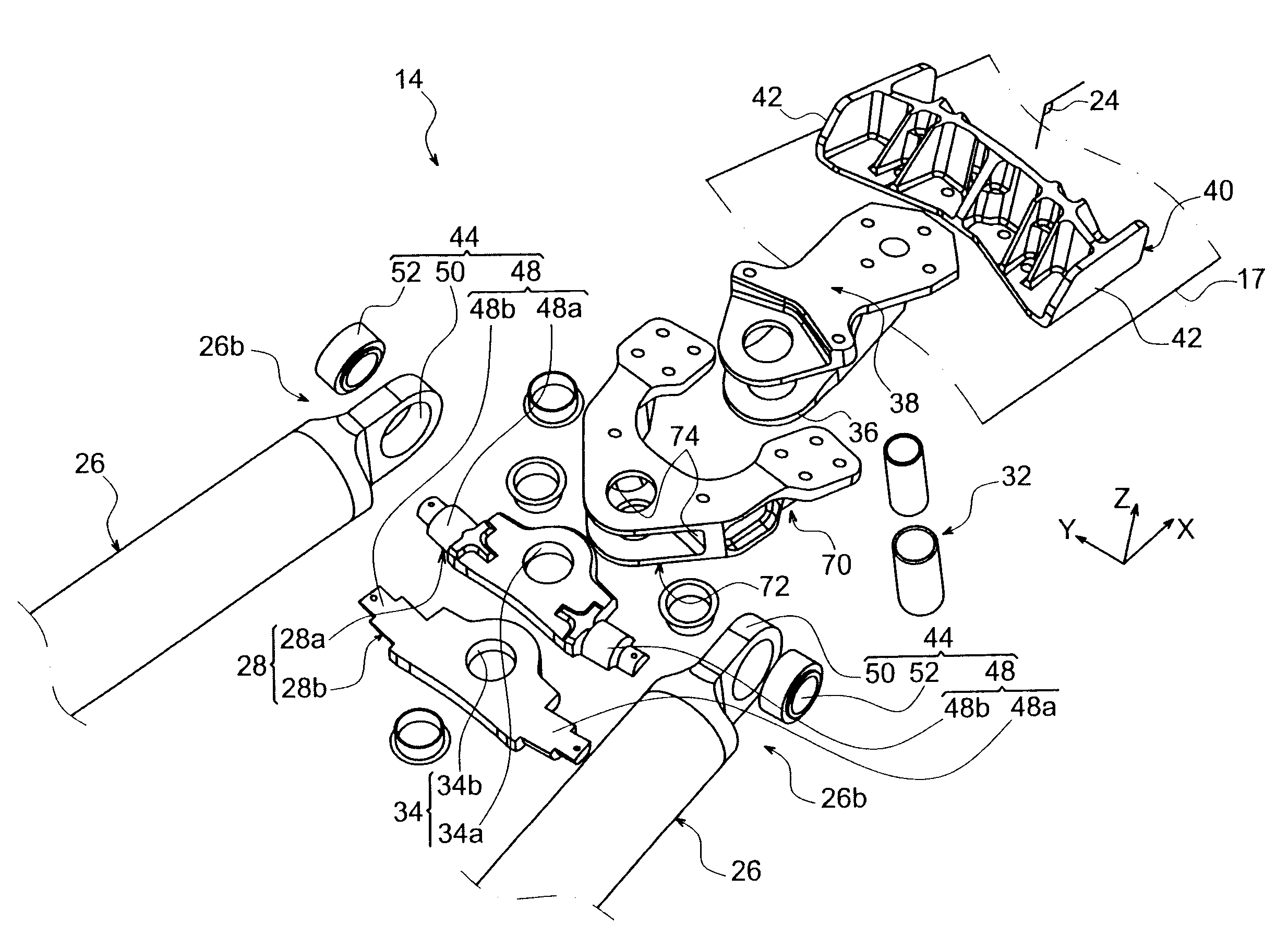 Aircraft engine attachment device comprising two thrust-reaching link rods that fit together transversely