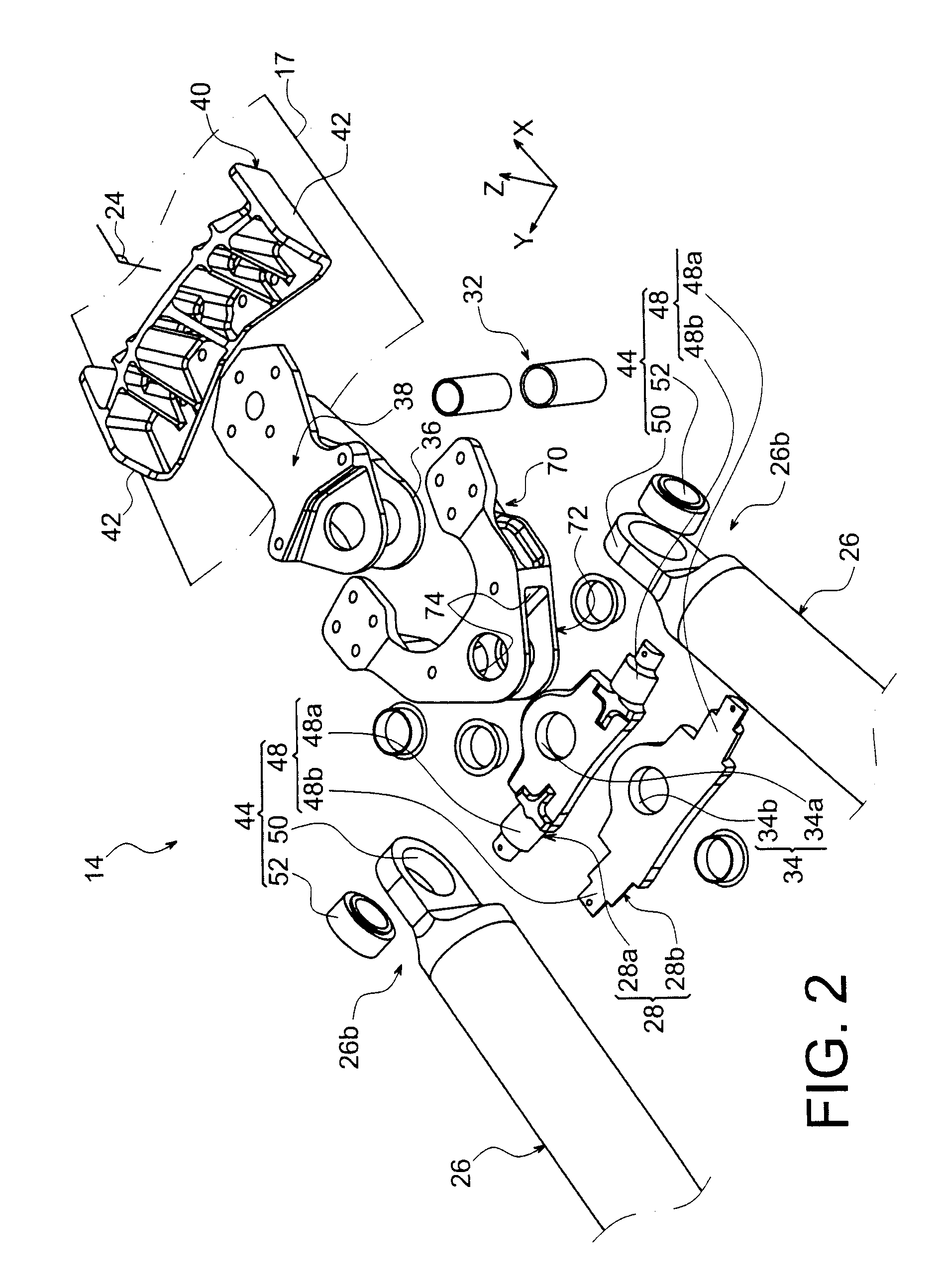 Aircraft engine attachment device comprising two thrust-reaching link rods that fit together transversely