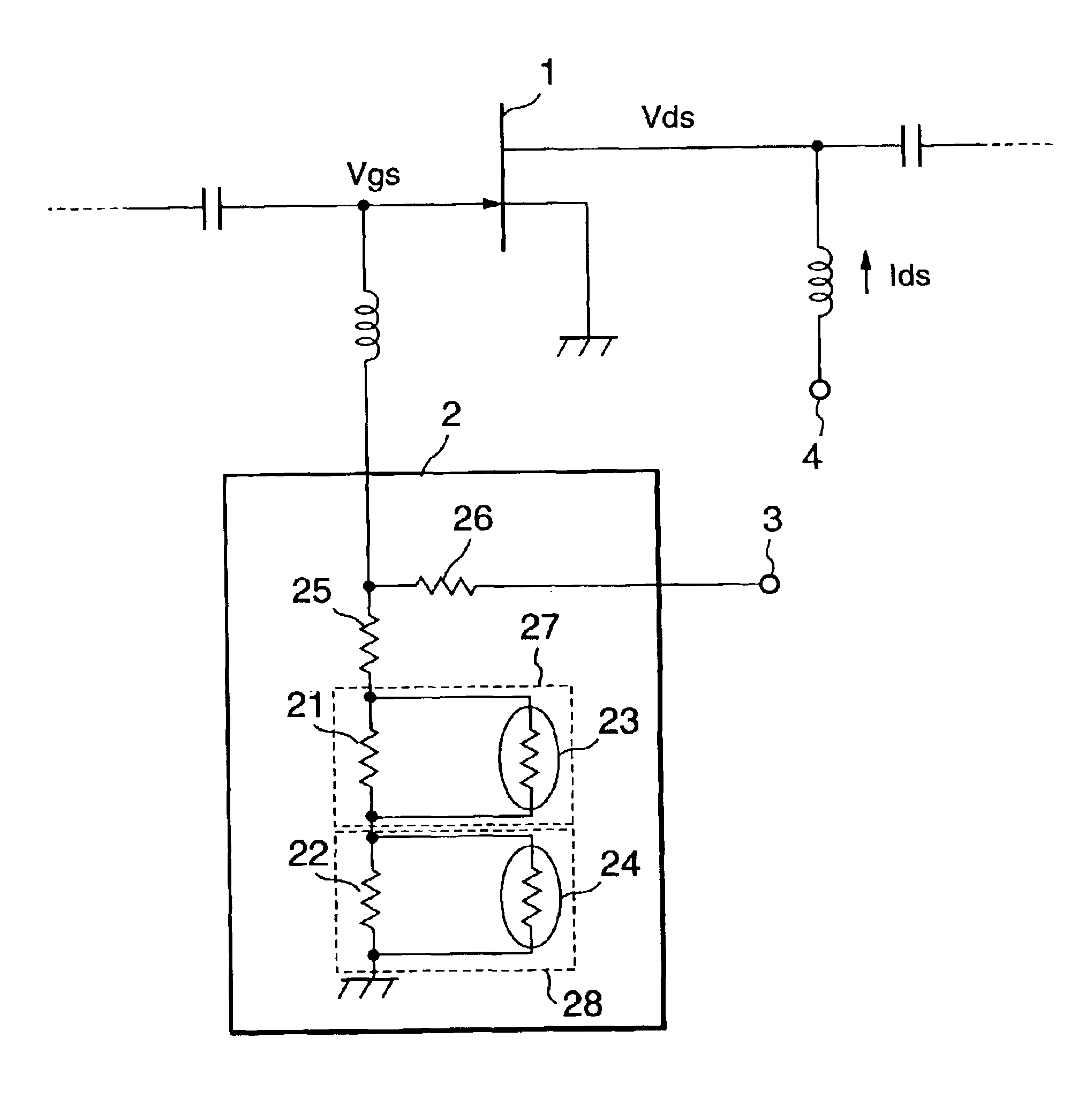 FET amplifier with temperature-compensating circuit