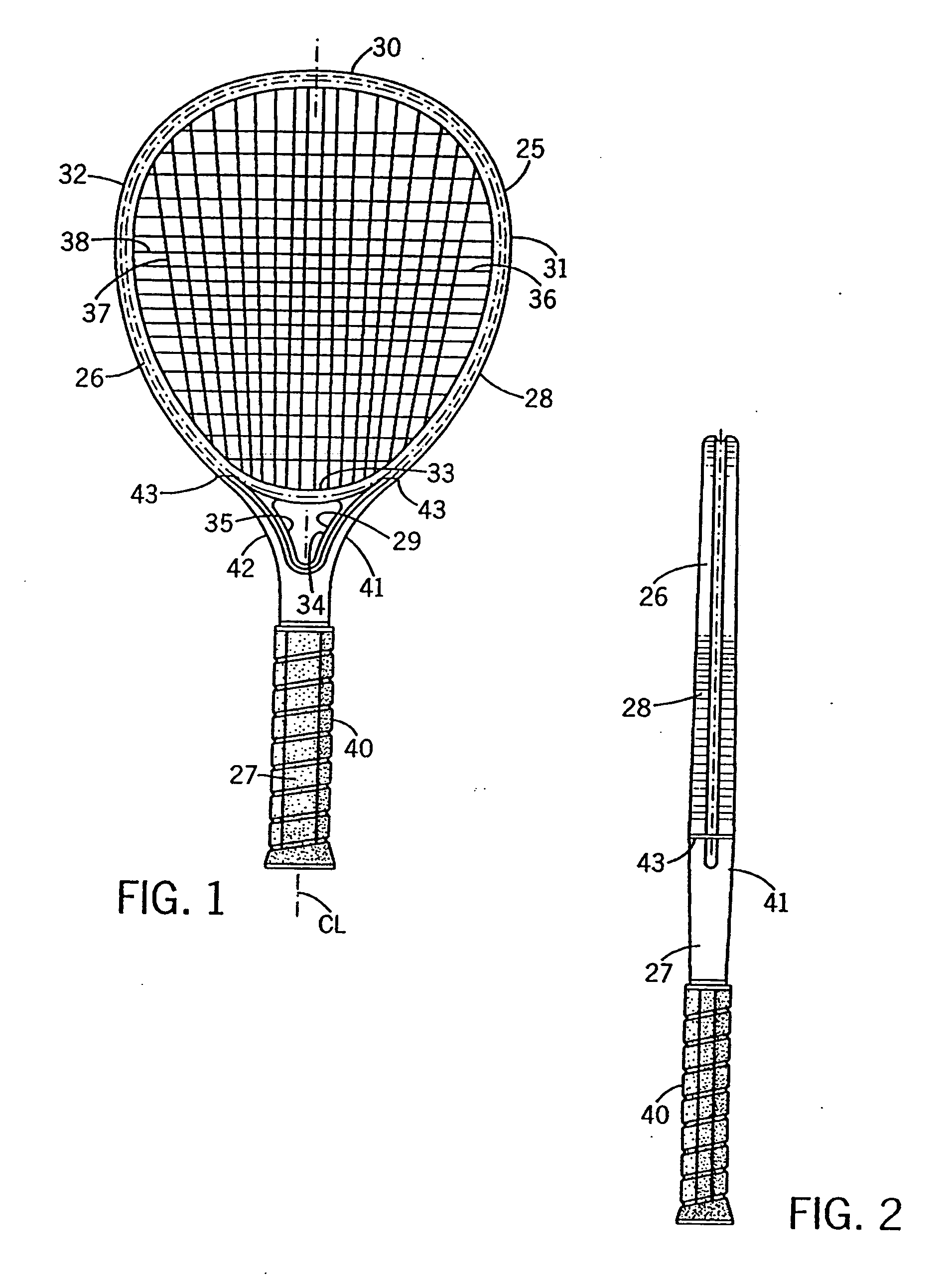 Game racquet with separate head and handle portions for reducing vibration