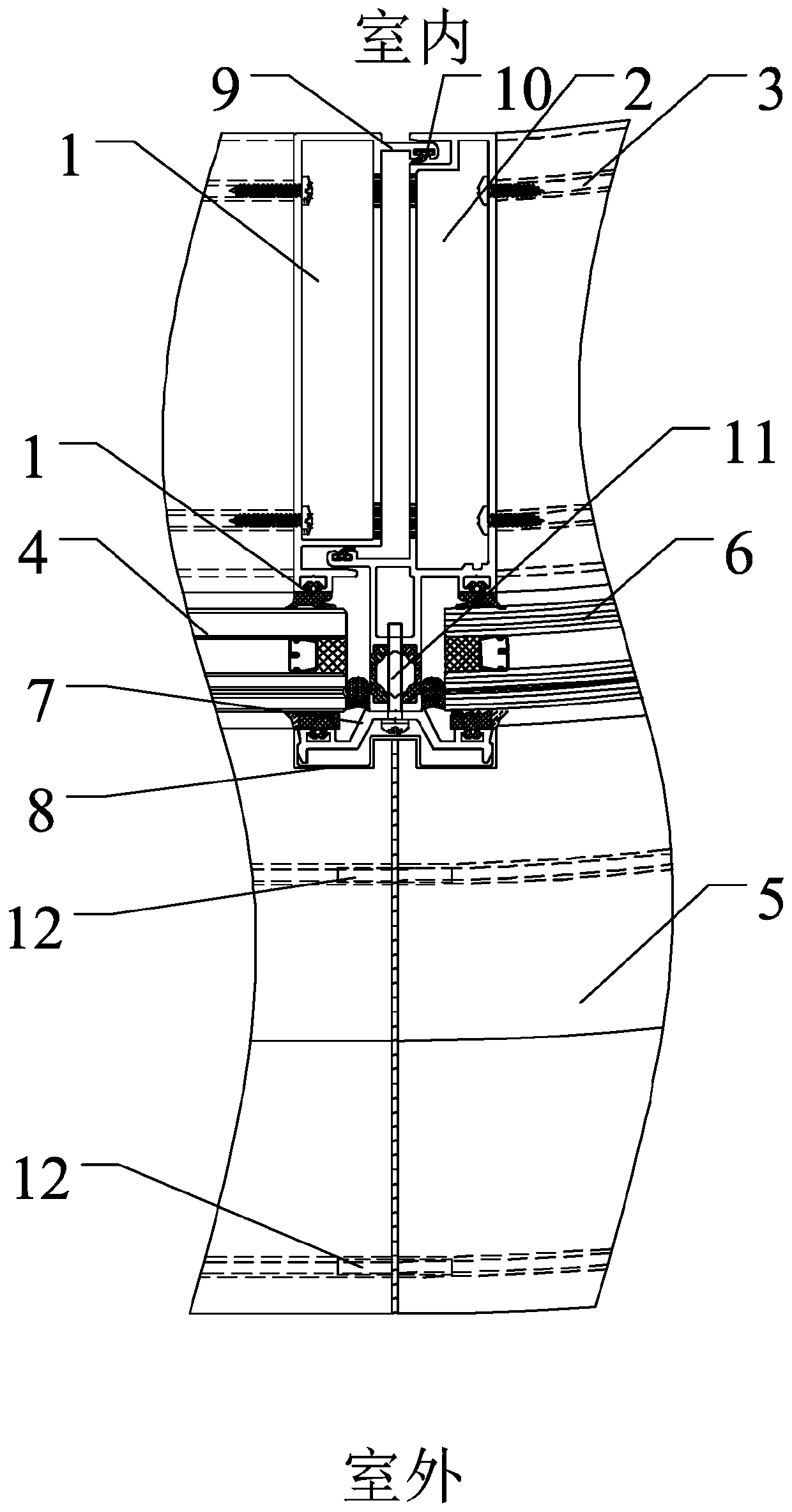 Single curved surface imitation unit curtain wall door and window structure