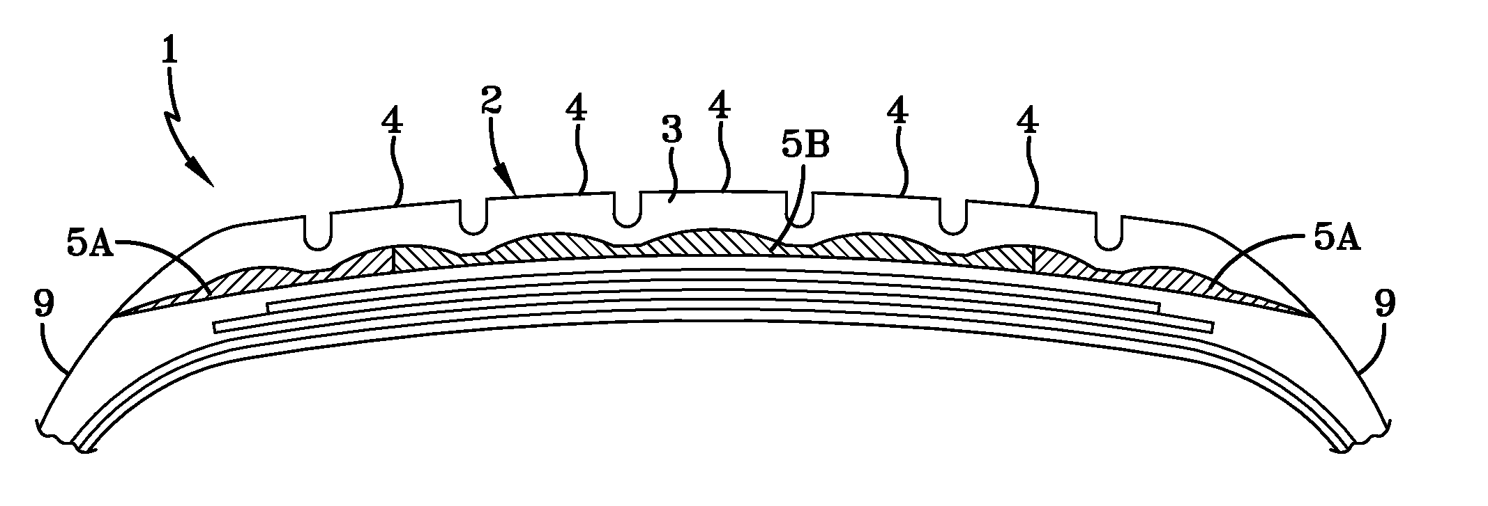 Tire with tread having base layer comprised of diverse zoned rubber compositions