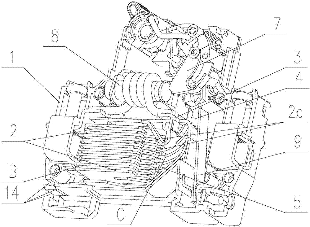 Miniature circuit breaker with variedly placed arc-extinguishing grid pieces