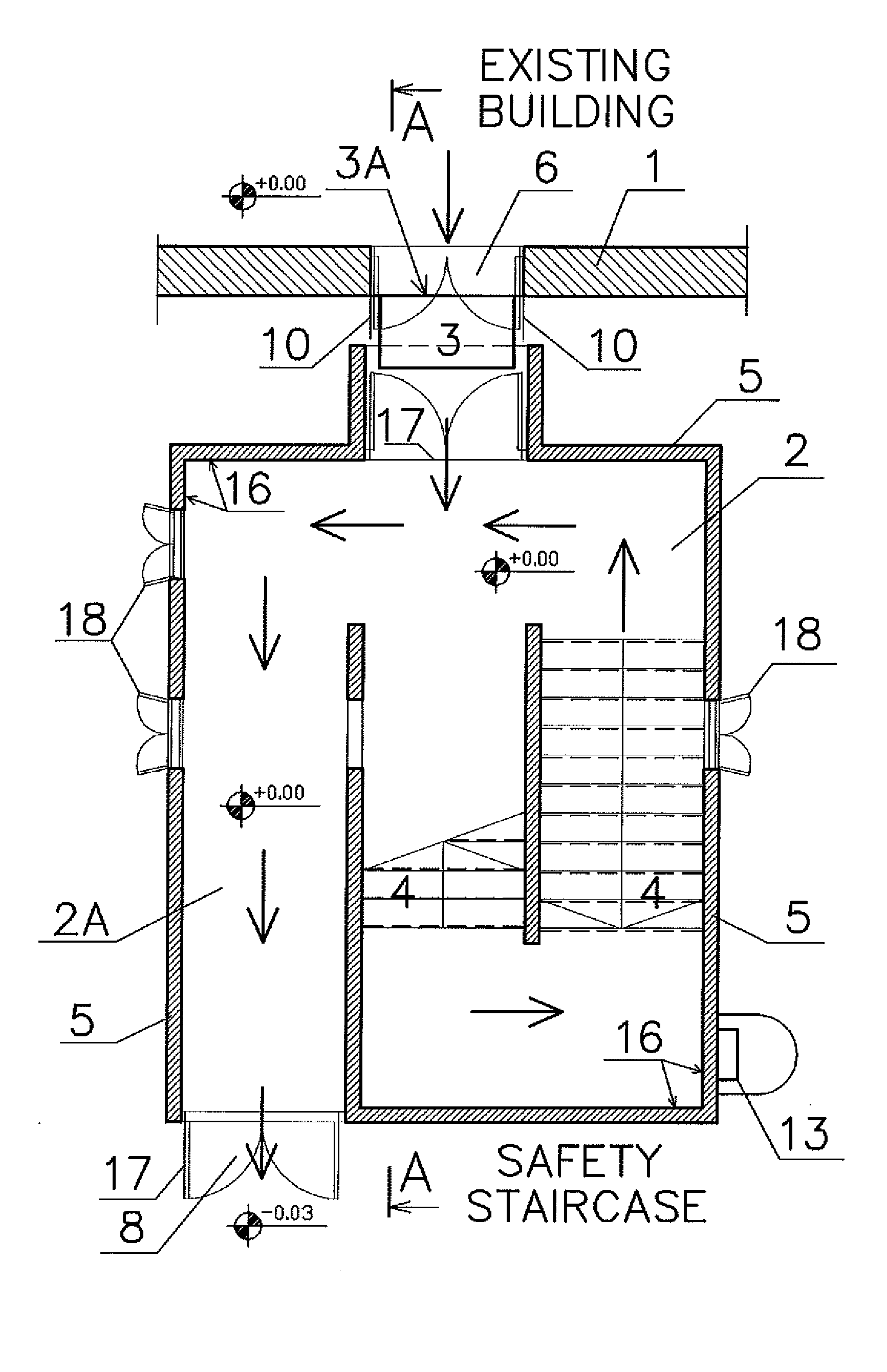 Escape staircase and method for allowing occupants of a building to escape safely during an emergency